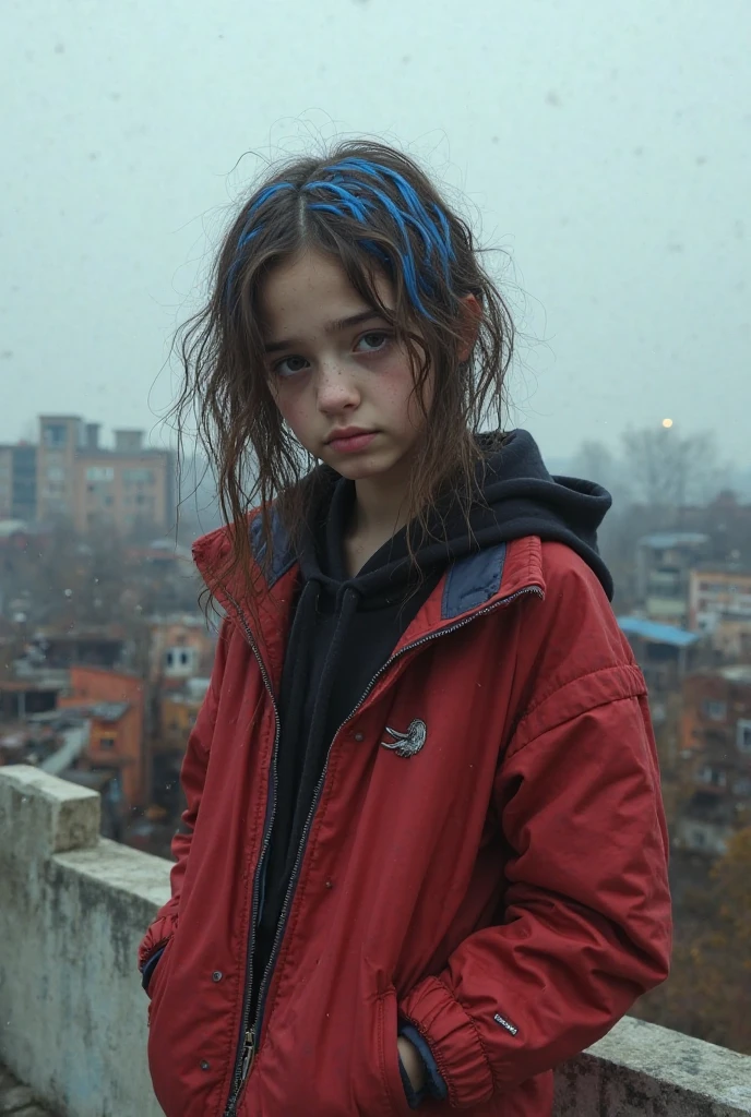 Beautiful 10 year old white child girl, com cabelo azul claro longo, com grandes olhos azuis bem juntos horizontalmente ao nariz,fofa,com bochechas rosadas, com jaqueta preta,blusa preta,de batom vermelho,with cord with bitcoin symbol ,lente 55 mm abertura f/1.8,with blurry background of an urban city at night full of illuminated buildings and blue and red poles
