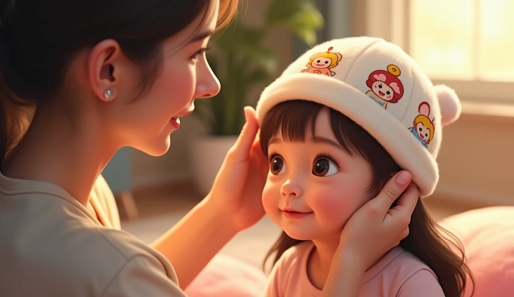 There was a woman holding a baby with a hat and a bear, ulzzangs, wan adorable korean face, zmonzheng, With a child, ruan jia beautiful!, , Li Zixin, Ruan cute vtuber, 8K)), shaxi, jaeyeon nam, Cai Xukun, lulu chen