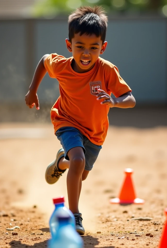 Create me a skinny guy without shoes wearing orange shorts, a shirt all dirty with hair, brunette., Remember that you are a small child

