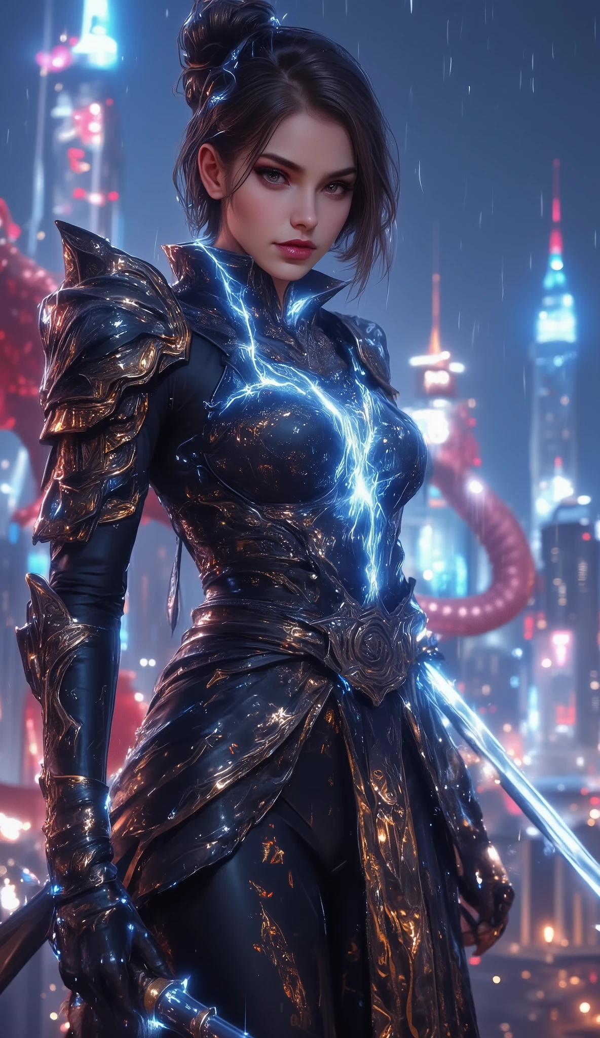 ((Masterpiece, ultra-detailed, 8K CG art)) – A mystical cyberpunk samurai, standing under a neon-lit rain, holding a glowing katana infused with blue lightning. Her sleek black and gold armor reflects the city’s holographic lights, while a massive red cyber-dragon coils around a futuristic skyscraper in the distance. The scene is dramatic, cinematic, and rich in detail, blending ancient warrior aesthetics with futuristic cyberpunk energy