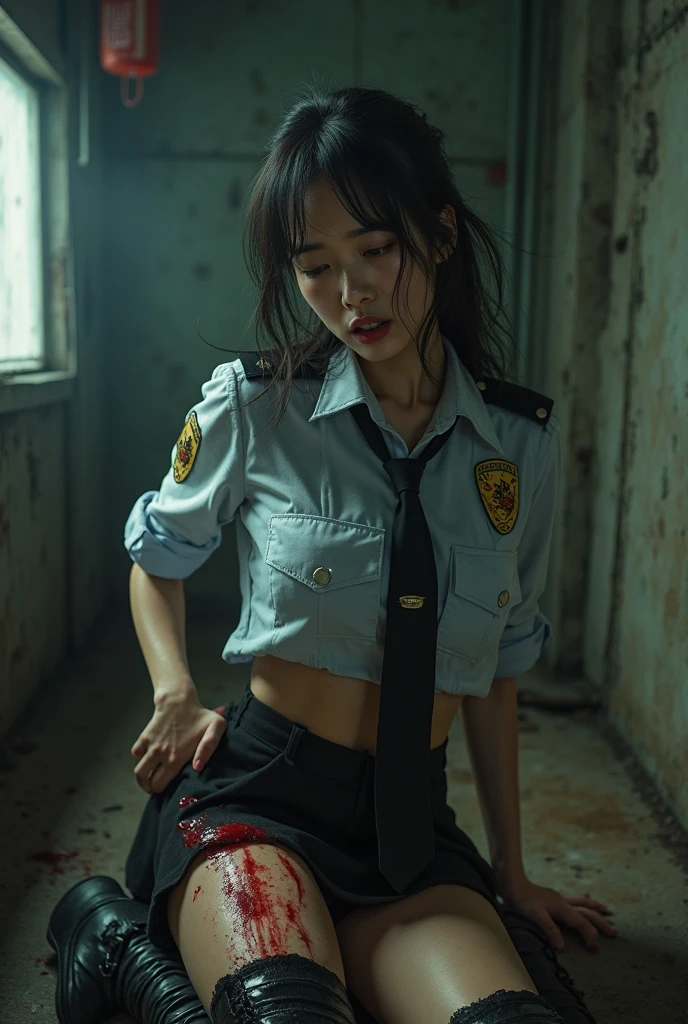 A beautiful Asian woman is being stabbed in her thigh with a cutter in hand of a man, view of a cutter blade lodged into her bleeding thigh, he is repeatedly cutting her bleeding thigh with a cutter, nsfw, she has long legs, police uniform with tie, micro miniskirt, boots, suffering expression, shouting, (best quality,4k,8k,highres,masterpiece:1.2),ultra-detailed,(realistic,photorealistic,photo-realistic:1.37),highly detailed face, detailed eyes and lips, extreme detailed skin, dramatic lighting, dark and gritty, horror, cinematic, intense colors, moody atmosphere