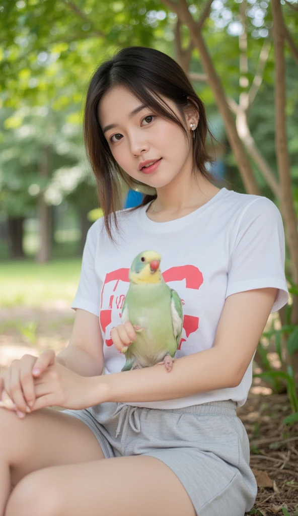 Close-up shot of beautiful korean female, 34 inch breasts size, ponytail, slightly smile, rolled sleeves gray pattern t-shirt, there is parrot on her shoulder, in the zoo, UHD