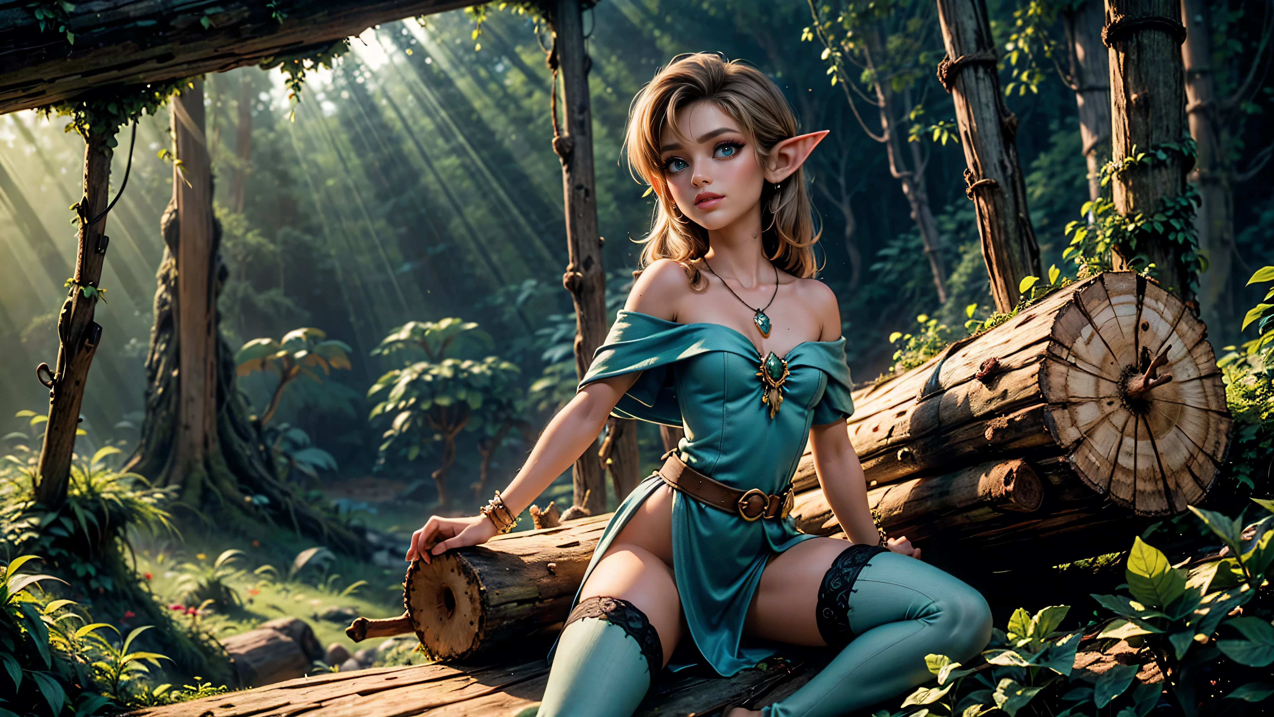 ((1girl)), ((solo)), elf, long hair, young elf girl, small pointy ears, round breasts, thigh-highs, ((straddling a log in a forest)), ((looking at viewer)), ((green eyes)), ((WOOD ELF)), ((fairy)), ((smiling)), Perfect body, beautiful, young, tempting, ripe, alluring, seductress, temptress, jewelry, necklace, off shoulder, ((skinny)), ((petite)), ((small)), flirting with camera, Best Looks, fairyland castle in the background, beams of sunlight, fantasy