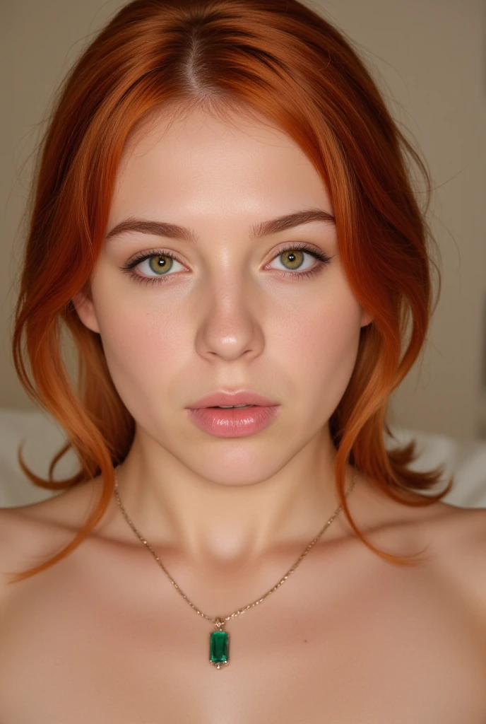Red head, look on camera, pale skin, realistic, grey eyes, medium tits, portrait