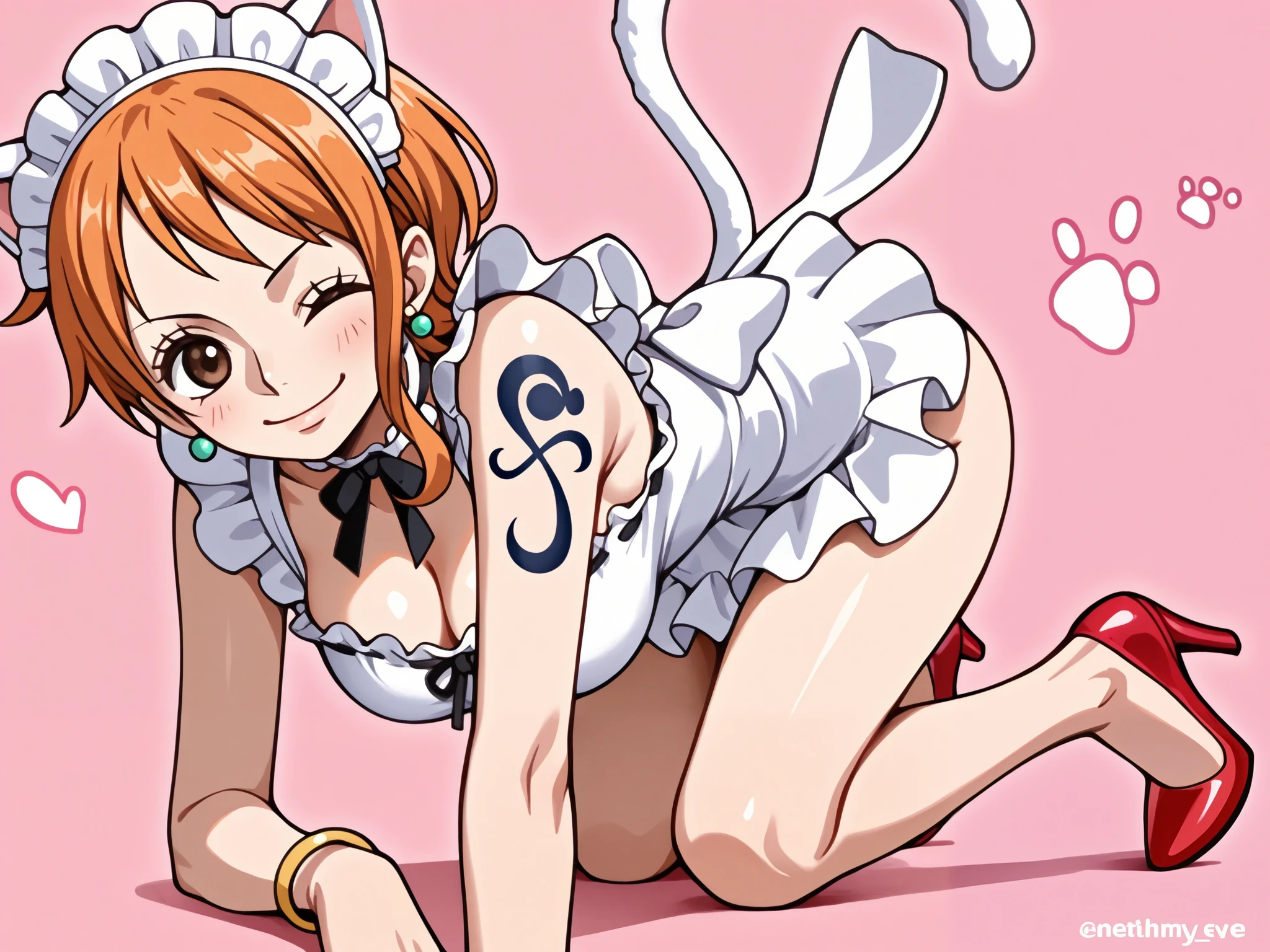 Cat Ears Maid Outfit, earrings, high heels, bracelet, tattoo , orange hair, masterpiece, Healthy appearance、 One Piece Nami、dynamic、Portrait、beautiful background sea and windmills、camera、smile、 close one eye、full body、background with thousands of flowers、on all fours、cybernetic eye in action