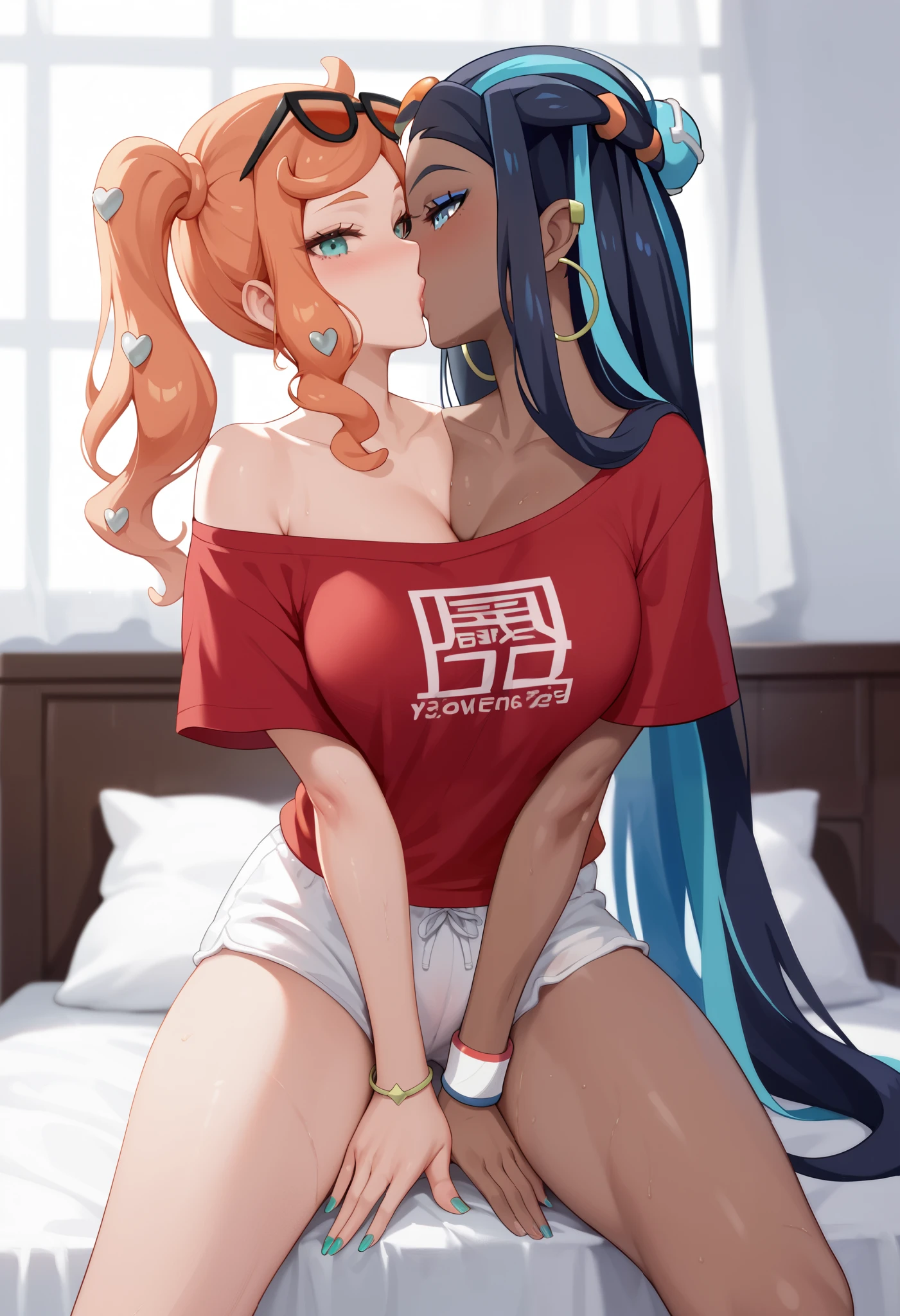 best resolution, conjoined anime woman with two heads, kissing, sonia_pokemon, nessa_pokemon, kissing, big red loose shirt, white bloomers, painted fingernails, on bed, straddling