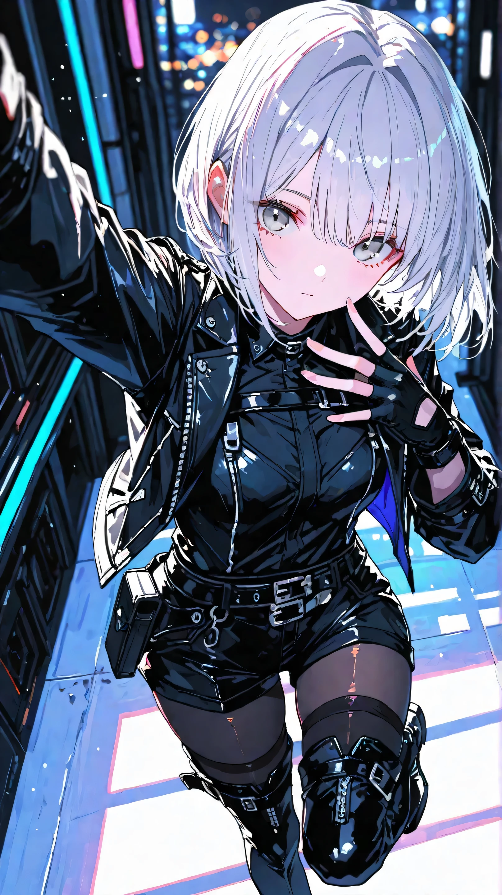 1 girl, bob hair, solo,silver hair,silver eyes, black shirt,jacket, shirt, long sleeves, belt, black skirt,black jacket,thigh highs boot,(black tights), gloves ,fingerless gloves,from above, reaching out, looking at viewer, black shorts, black belt, (EyesHD:1.2), masterpiece, best quality, ultra-detailed, very aesthetic, sharp focus, depth of field, vibrant colors, ray tracing, best lighting, detailed illustration, detailed background, cinematic, leg up,selfie