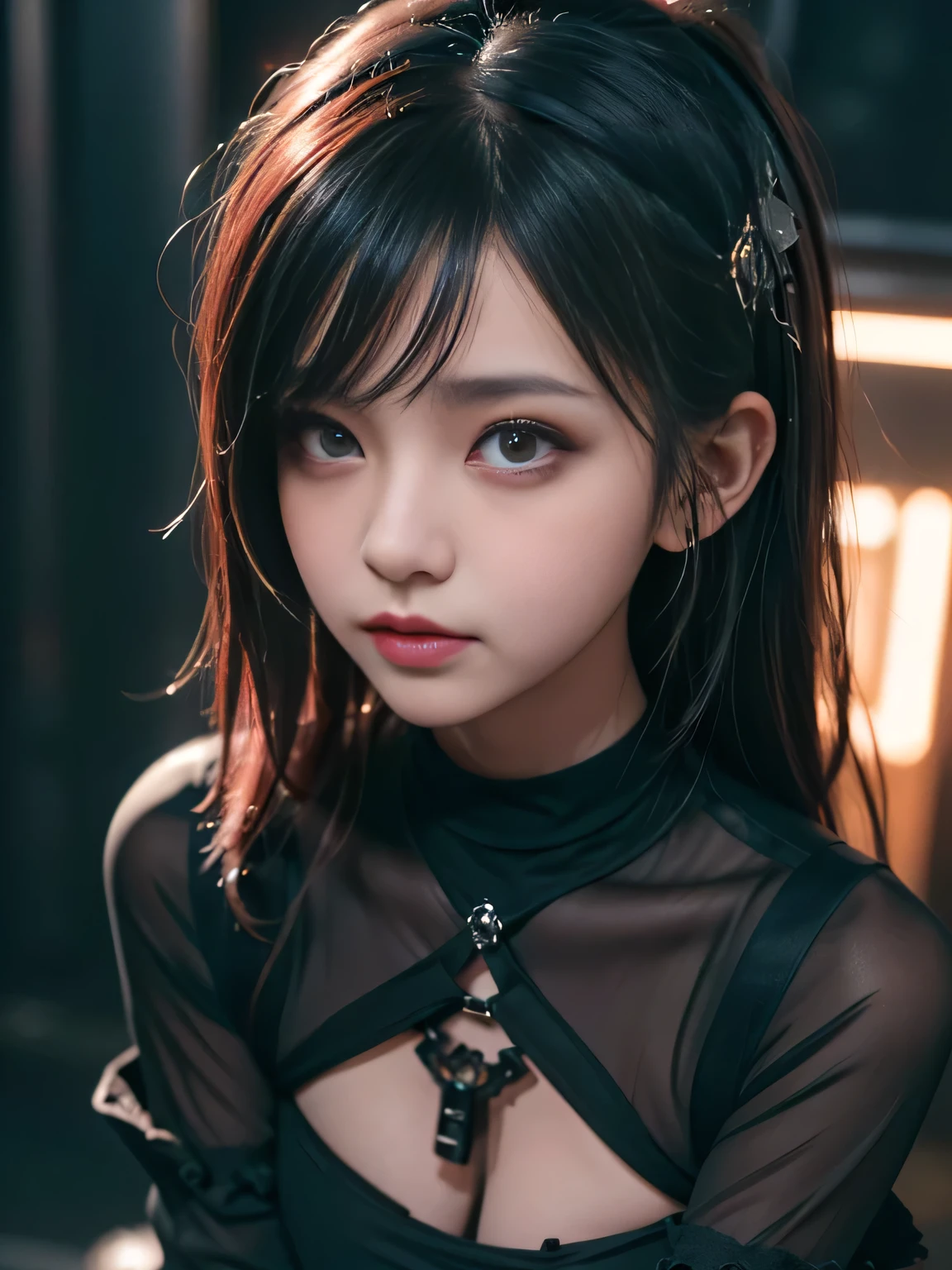 cute Japan girl, baby face, smile, nvinkpunk, ((futuristic black and gray dying in divine clothes)),scary pose, cloak, sickle, skeleton, shadow, (full body), red lighting,smile,cleavage, Japan girl, black hair, small, cyberpunk, nvinkpunk, ((in futuristic hell background)), cute girl, famous Japan idol, hair accessories, 8k uhd, RAW photos, Japan girls, masterpieces, RAW photos, real people, RAW photos, ultra high resolution, photorealistic, highest quality, (high detail skin, skin details), visible pores, shiny skin, masterpiece, incredibly_absurdres, fine details, colorization, very delicate and beautiful, highly detailed 8K wallpapers, 8k high quality,