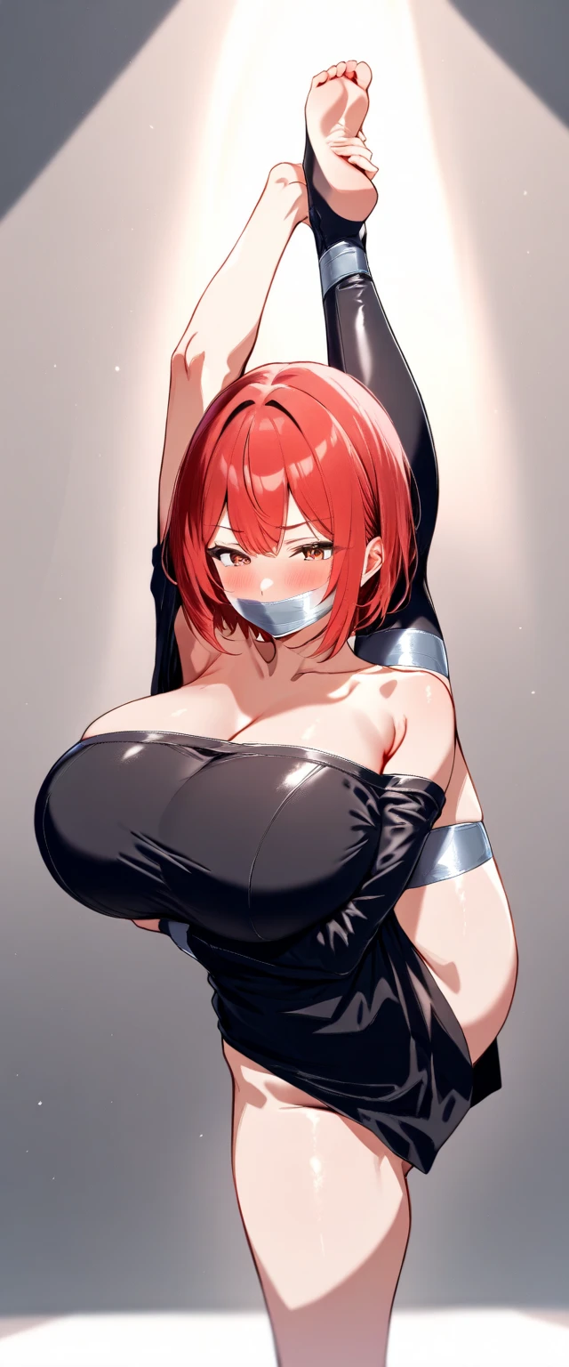 (masterpiece, best quality:1.2), 1 Girl, Solitary, mumimification, Gag, silver adhesive tape, Off-shoulder, bend over, Put your hands behind your back, Red hair, short hair, blush, Huge breasts, Slim, Improvisational Performance, tape gag, Gag, adhesive tape, tape bondage