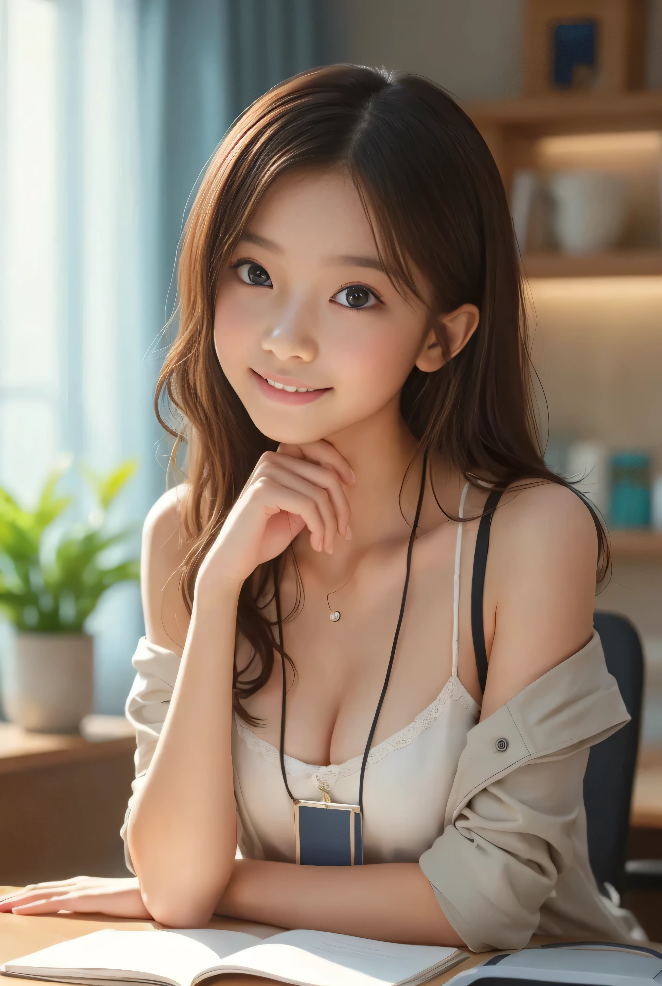 Best-quality, Masterpiece, Ultra-High-Resolution, (Photorealistic:1.4), Raw-Photo, 128K, depth of field, professional lighting, perfect anatomy, extremely details, 1girl, -yeld, thost famous Japanese idol, cowboy shot, leaning forward, at restaurant, ((extremely cute face like the most popular Japanese idol, ((extremely cute and extremely big eyes)), extremely beautiful hair)), extremely beautiful skins, extremely cute lips, extremely cute long-eyelashes, extremely beautiful abundant-cleavage, extremely childish body, looking at viewer, innocent smile