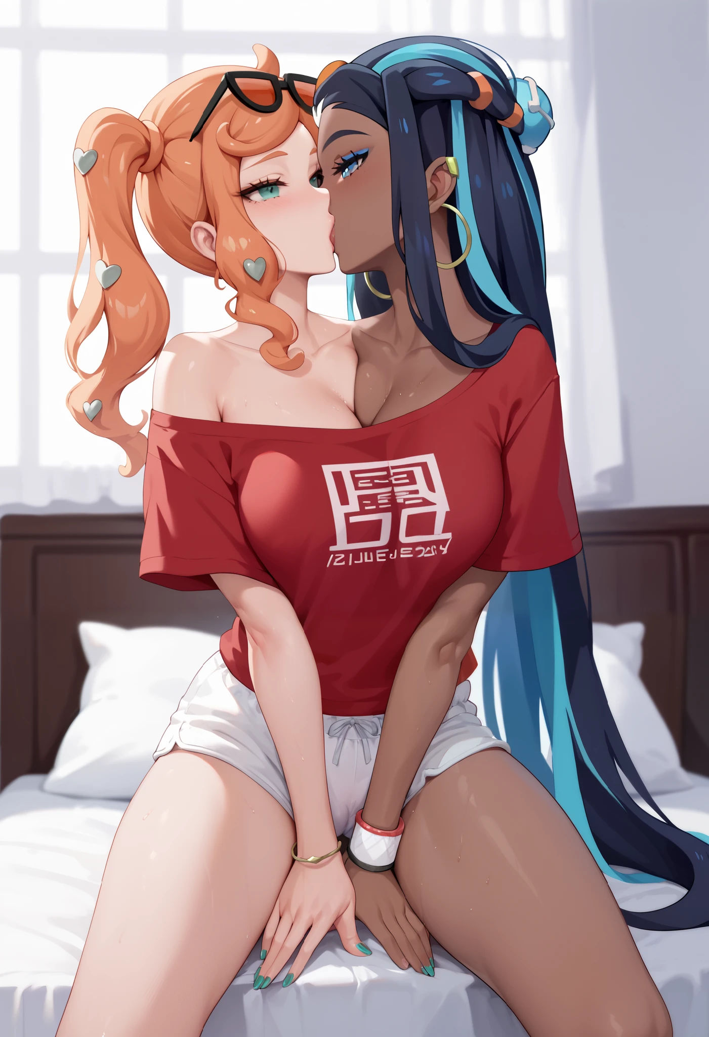 best resolution, conjoined anime woman with two heads, kissing, sonia_pokemon, nessa_pokemon, kissing, big red loose shirt, white bloomers, painted fingernails, on bed, straddling
