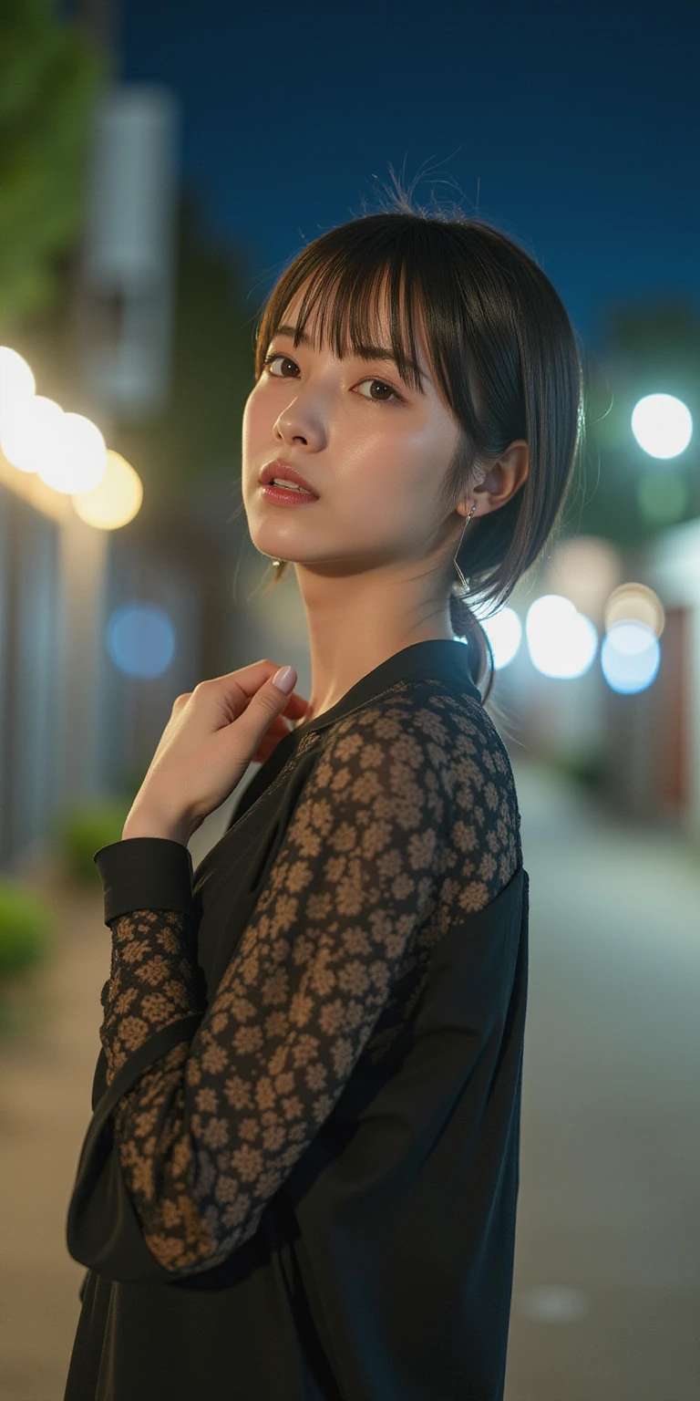 (8K分辨率,Rembrandt style expression of light and shadow, Dark tone, (low tune, High differential color levels), ((Depth of field)), deepshadow, Dynamic Angle, From the side Side, fully body photo, (City lights, The background is blurred out)),(1 female,(s delicate face),melancholy face,com rosto detalhado,详细的脸,(Delicate Japanese makeup),Black colored eyes,(Look into the distance),Short fluffy hair slightly curled(Messy has layers),Redlip,Fair smooth skin,(Best Skin Type:1.21),mediuml breasts,(Fashionable casual wear,sleeveless t shirt,Horse face skirt, Silk satin),Hands thump naturally on the road,perfect hand,Ultra-fine clothing material),(Tunnel background,on the roadside,Exquisite environmental details),(Contemplative eyes,A smile of reminiscence,Sweetness in the heart),( (extremely beautiful lighting), hard light, Delicate composition, (Perfect positioning), (extremely beautiful and detailed background:1.21),Lens flare, String Light,Gorgeous and rich graphics),((Color balance,adolable,ellegance,glomy,(white colors,black in color,red colour))),(Golden section,Cinema lenses,Dynamic shots,Hasselblad photograp,tmasterpiece:1.3),(Extremely delicate and beautiful:1.21),(Courtesan,Youth idol,focus-on,trendsetting,Artis,Art platform,(Masterpiece:1.21))