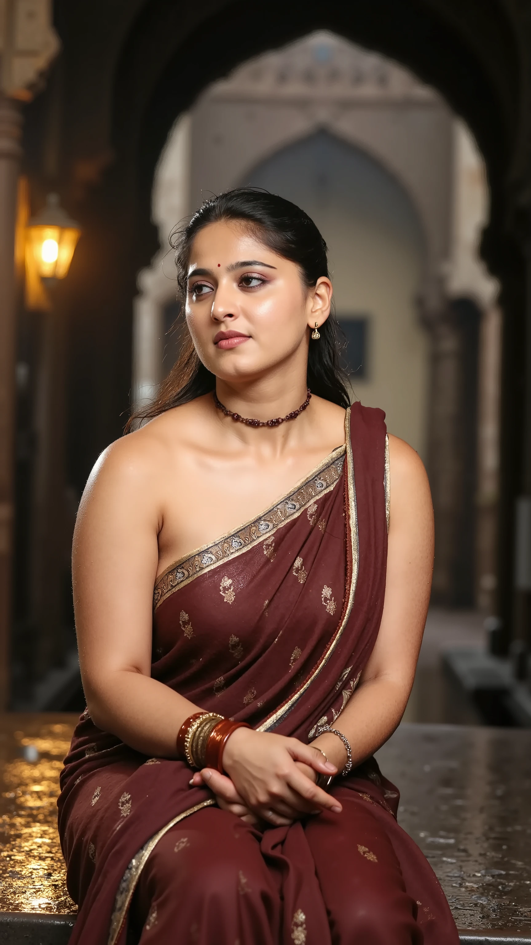 A melancholic yet beautiful portrait of a woman sitting under the archway of an old palace, her rain-drenched saree wrapped around her. A soft breeze carries the scent of wet earth as she watches the raindrops dance on the stone floor. Her bare shoulders glisten under the warm lantern light, casting long shadows across the weathered walls. The echoes of distant temple bells add a timeless aura to the moment.