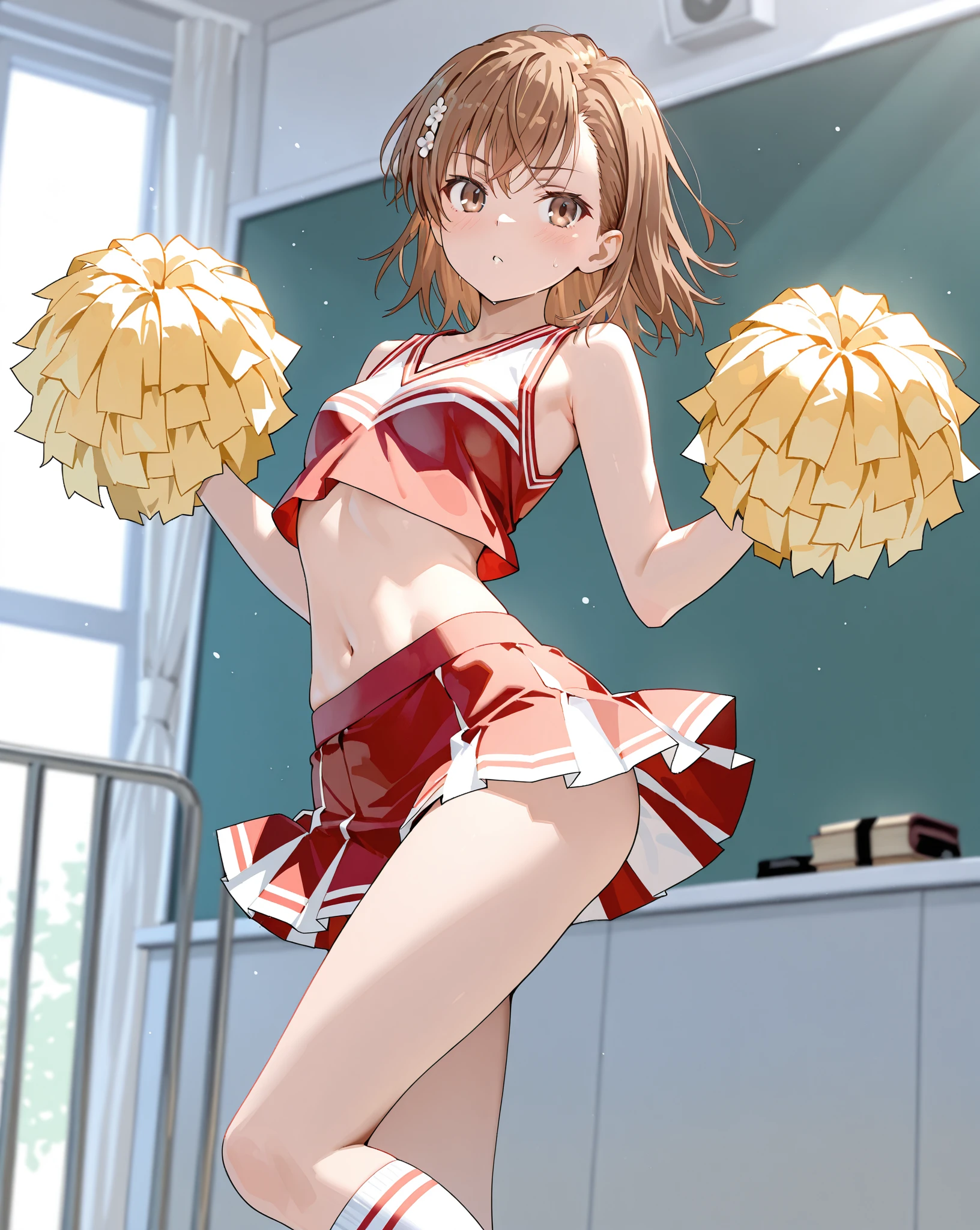 (sfw), intricate details, (bright neon colors), detailed background, daylight, indoors, 1girl, (petite, (expressionless cute face, bright glowing red eyes), (human torso, petite perky breasts, cheerleader, robotic arms, robotic legs), (brown hair, short hair, messy hair)), dynamic angle