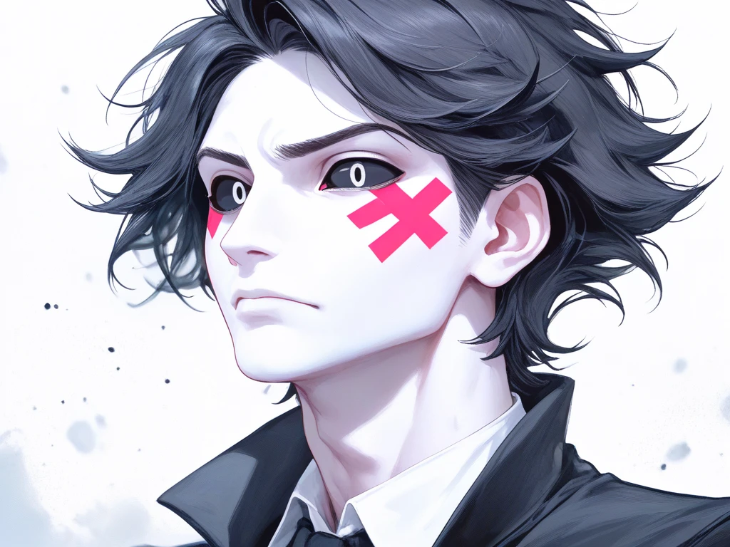 1only boy, Black hair Black coat, messy, medium hair, Black eyes, Black sclera, pale skin, Darknees cloundy storm background, hazbin hotel style