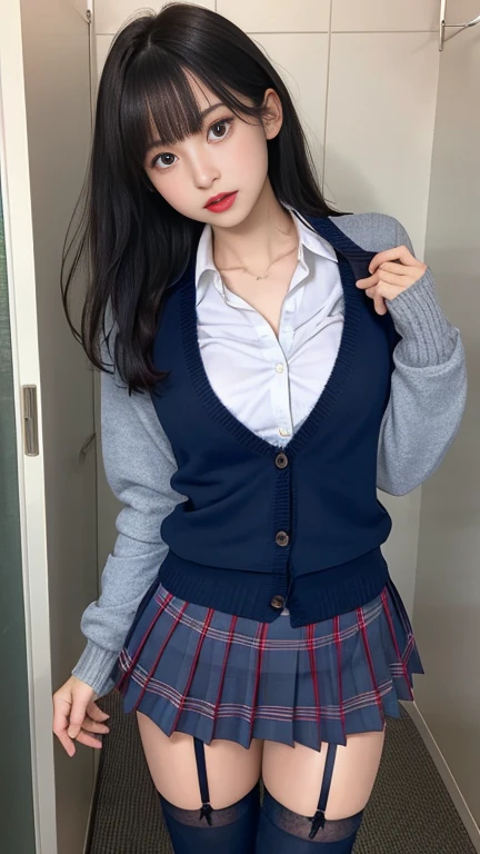 a closeup, ​masterpiece, top-quality, FULL ANATOMY、Raw foto, Photorealsitic、(Cute little face:1.8)、(Very cute smile:1.7)、(with round face:1.9)、(She looks like an idol and is cute:1.7), A dark-haired、(cute school uniform:1.7), depth of fields, hight resolution, ultra-detailliert, finely detail, ighly detailed, extremely detailed eye and face, Realistic pupils, foco nítido, Cinematic lighting、18-year-old woman、(One lady、Only one person、独奏、without background:1.7)、 (poneyTail、curlyhair)、Very detailed 8k wallpaper、Show me your whole body、Looking at the camera、(Too short plaid pleated skirt、I can see my panties、Plump panties、Lift the hem of the skirt with both hands、Showing her panties to the camera:1.7）、(Pink Fishnet Stockings)、(Brown Long Boots:1.4)、is standing、Angle from below、(Thigh close-up:1.6)、(Nice figure、big breasts thin waist)、(Clothes with emphasized chest bulge、Colossal tits:1.5)、depth of fields、Bokeh in the background