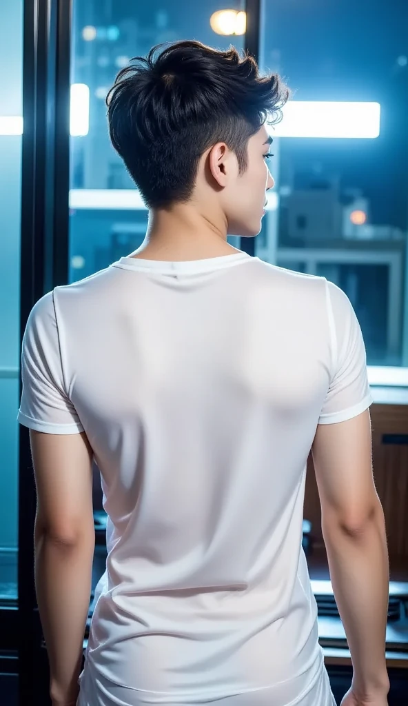 1boy, rabbit ears on the head, bare shoulders, short Rose Courte, T-shirt rose mignon oversize, se pencher sur une table, very short brown hair, very big buttocks, ,lips parted, Yeux levant les yeux vers le spectateur, T-shirt tombant sur Epaule, manches mi-longues,(peau brillante),adolescent de sexe masculin, pink lips, Point de vue d'en bas, Asian male adolescent face, queue de lapin au-dessus des fesses, posterior raised, grosse joues, Grands yeux, torse plat, Mid-length boy's haircut, corps mince, fine taille