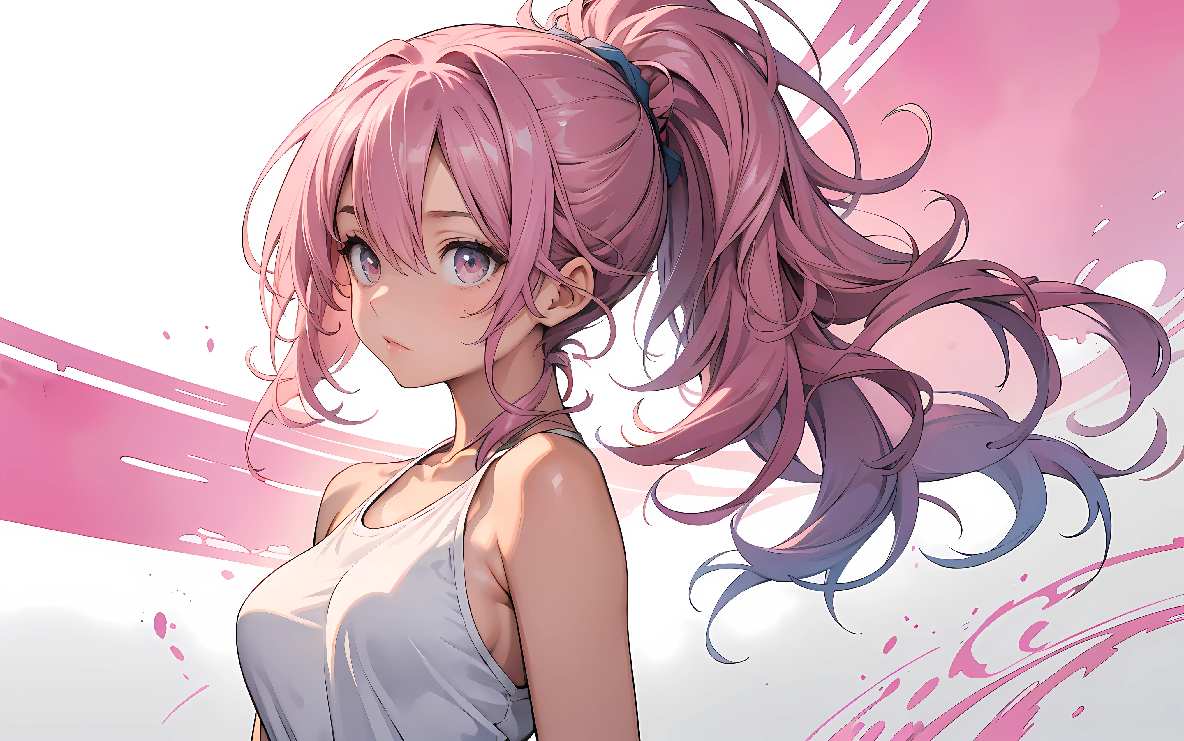 make a poster with an abstract watercolour background, side composition, 1 girl, extremely detailed face and eyes, long wavy messy pink hair in a ponytail, very tight sleeveless halter shirt,(medium sized breasts:1.2),