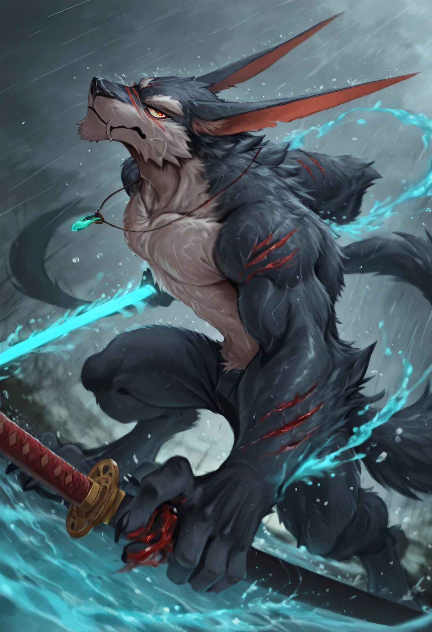 incredibly absurdres,wallpaper,tail,claws,moody lighting,lens flare,side view,looking at viewer,depth of field,detailed,
energy,profile,close-up,collarbone,weapon,(holding katana),dynamic pose,necklace,head tilt,expressionless,perspective,blood,facial scars,the wound was bleeding,gray sky,rain,fighting_pose,water magic,((water drops))((beautiful detailed water)),((floating)),dynamic angle,
