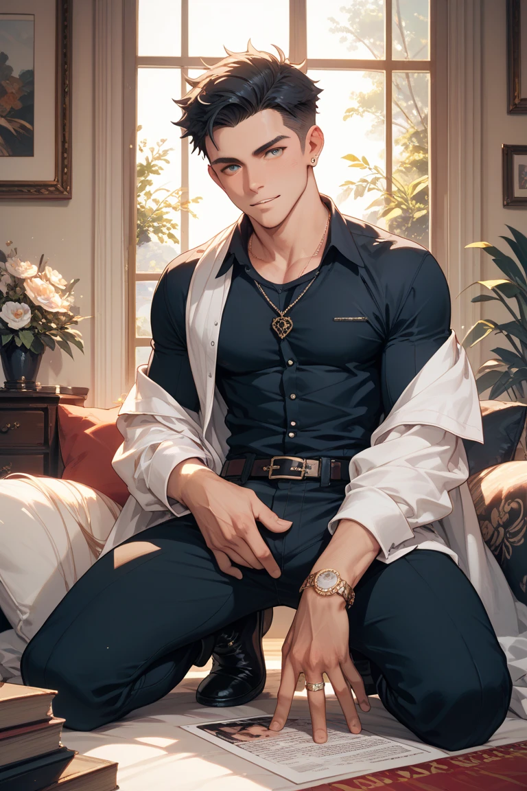 (photorealism:1.2), young man, lying on bed, wearing sleeveless cultivation dress,, very short spikey boyish hair, indoors, soft lighting, plants in background, window with sunlight, cozy room, relaxed pose, realistic, intricate details, warm colors, by Greg Rutkowski, by Alphonse Mucha, wide hips , long legs, thick thighs, large feminine hips, thin and narrow weist, skirt, thigh high stockings , hot man