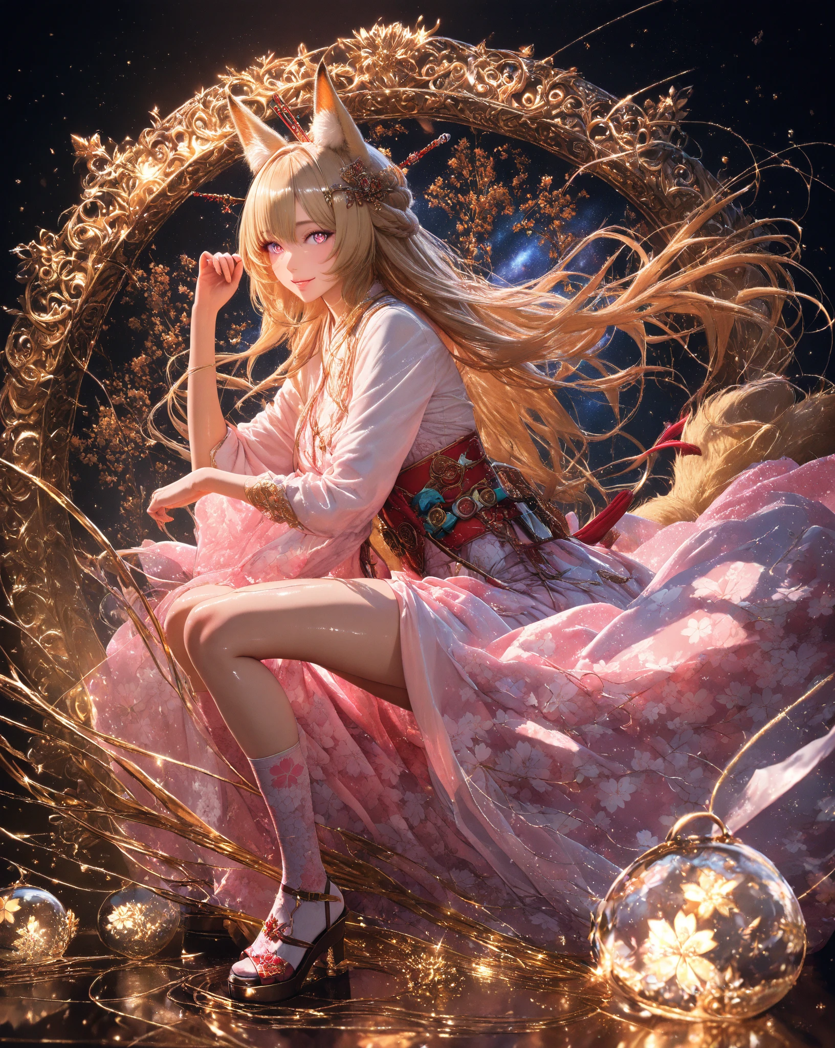 Style: masterpiece, best quality, ultra-detailed, 32K, photorealistic, 3D rendering, cinematic lighting, vibrant colors, detailed background, Translucent

Subject:: (Dynamic pose:1.3), (A breathtakingly beautiful 18-year-old flower lady), (with excellent detail), (detailed skin texture), (Oku Yukashi but has a somewhat sad smile), (Breathtakingly detailed facial features), (Vivid Eyes Like Being Sucked In), ( delicate and moisturized lips ), (Each finger is rendered in detail、Shiny golden hair), (Smooth texture like silk), (Flowing in the wind), (Natural shadows and highlights), (Realistic Fox Ears and Bushy Tail), (Natural and graceful hand pose), (Hands based on realistic human ), (Transparent Fingertips with a Sense of Suction), (Clearly defined joints), (Detailed expression of the fingers), (Smooth and curvaceous body lines), (Translucent and moisturized skin), (Graceful knee lines), (Natural and beautiful leg lines), (Delicate body contours), (Natural wrinkles and shadows in the clothes), (shiny fabric up to the kneeの質感), (Smooth Drapeの美しさ), (Volumetric Lighting), (Ray Tracing), (depth of field), (cinematic shot) ,(fox ears positioned clearly above the hair),

costume: (light purple furuncles, shiny fabric up to the knee, silky texture, Smooth Drape:1.1), (cute sandals, Are you wearing sakura-patterned socks), (Cherry Blossom Patterned Sack Belt, Gold Thread Silver Thread Decor, Complex Pattern), (Pastel Pink Obi, Crimson Belt), (A traditional shaped hairpin that reflects light and shines elegantly {x} with a delicate golden glow), (Exquisite Carving), (jewels are scattered in the Cave of Joy), (Mirror finish), ( Intricate Decorations ), (Reflects light and sparkles elegantly), (gorgeous), ( gorgeous), ( golden gloss ), ( Polished Metal ), (Craftsmanship shines through), (placed next to fox ears), (Realistic Fabric, intricate details, heavy silk, detailed folds, full-length kimono),

background: ( Milky Way, Jet black night sky ), (Cherry blossoms weeping at night , Weeping cherry blossoms in full bloom, A large number of cherry blossom petals fluttering down in the wind), (The ground sprinkled with cherry blossoms), (Fushimi Inari Taisha at night with red torii gates:1.1), (volumetric lighting), (detailed environment)