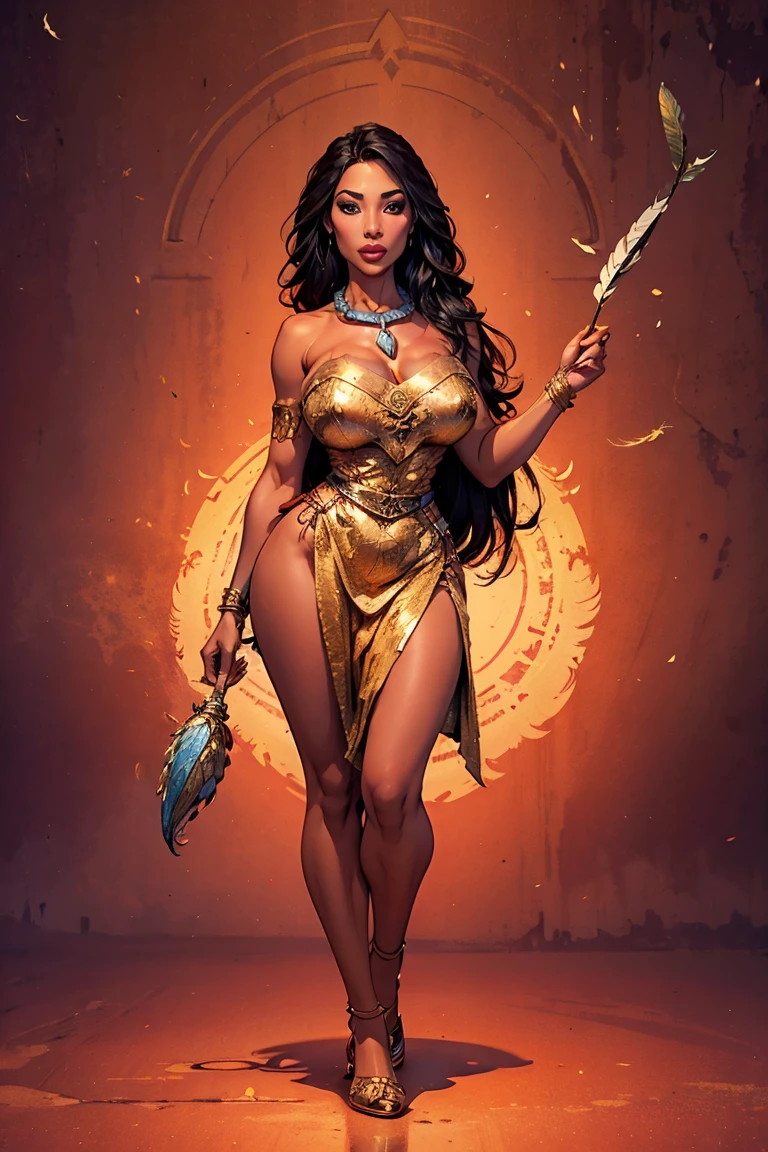 Dark-skinned adult woman with long straight hair, Huge breasts,Gold ruby head chain,blue silk clothing,Bare shoulders,bracelet,transparent long skirt,Bare legs,sandals,Standing,river,desert