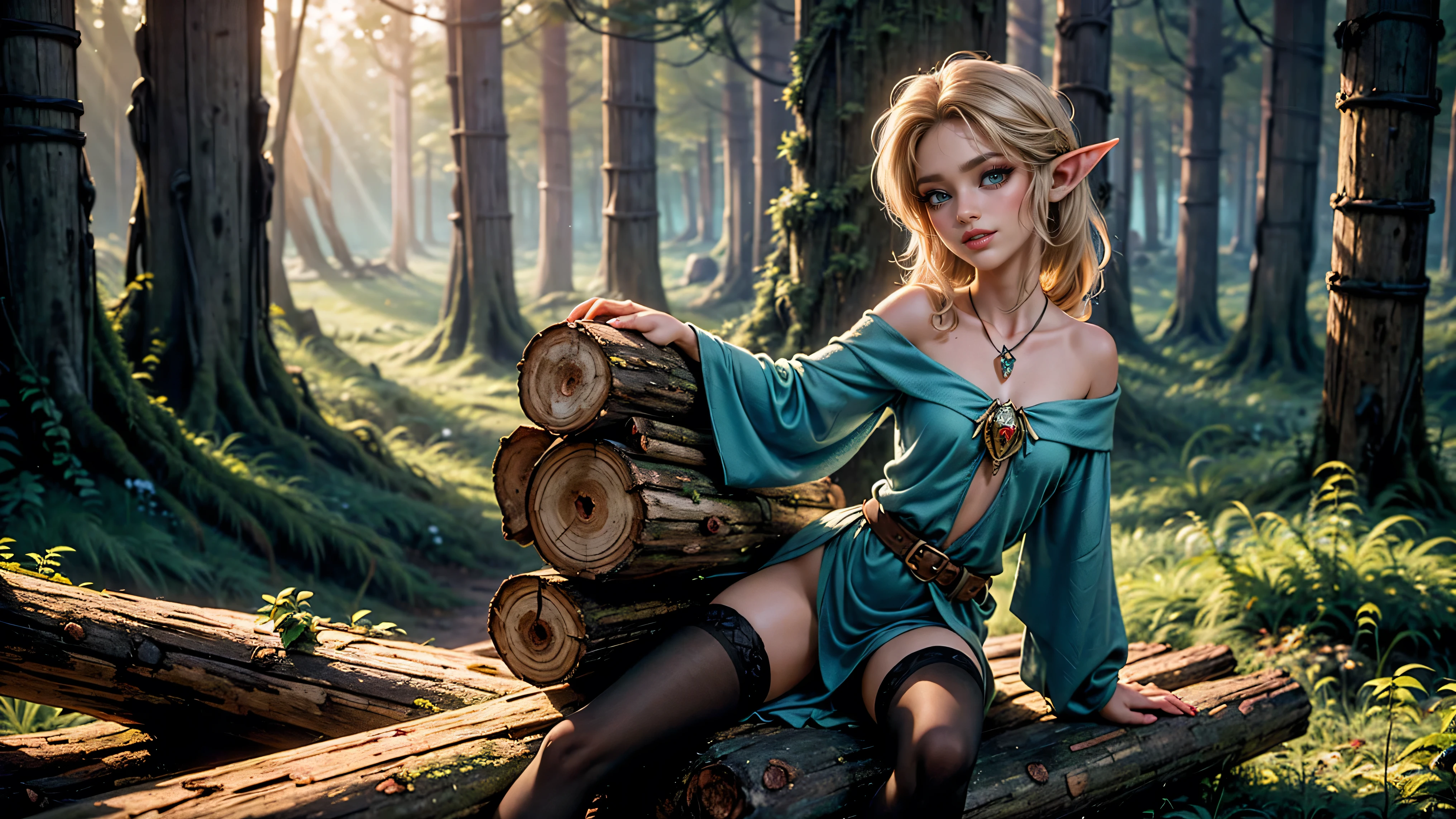 ((1girl)), ((solo)), elf, long hair, young elf girl, small pointy ears, round breasts, thigh-highs, ((straddling a log in a forest)), ((looking at viewer)), ((green eyes)), ((WOOD ELF)), ((fairy)), ((smiling)), Perfect body, beautiful, young, tempting, ripe, alluring, seductress, temptress, jewelry, necklace, off shoulder, ((skinny)), ((petite)), ((small)), flirting with camera, Best Looks, fairyland castle in the background, beams of sunlight, fantasy