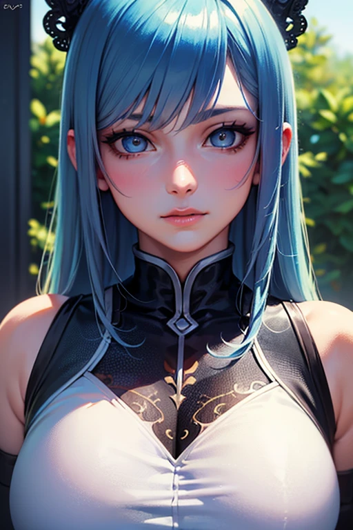 full body glamour shot, {{{masterpiece}}}, {{{best quality}}}, {{ultra-detailed}}, {cinematic lighting}, {illustration}, {beautifuly detailed eyes}, {1girl}, extremely detailed, 1girl, solo, flirtatious pose, A beautiful shinobi warrior, blue hair in a long ponytail, wearing gold and blue clothing, warrior, playful smile, purple eyes, huge breasts, cleavage, hourglass figure, facing viewer, outdoors, woodland background, highly detailed face and clothing, slightly narrow eyes, perfect face, fair skin, hair bangs, long hair, noble beautiful, traditional Japanese clothing, shinobi woman, dynamic camera angle, from above and to the side