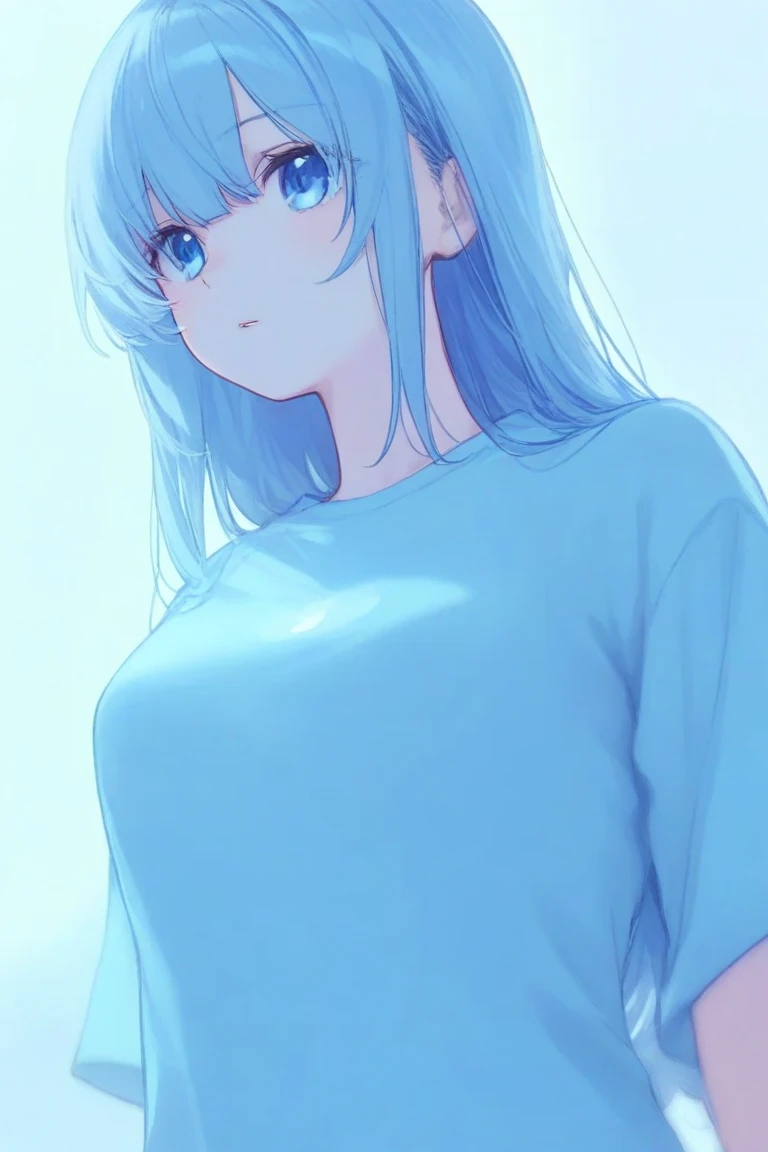 Une fille avec de beau cheveux blancs et long avec les yeux bleus dans un appartement moderne avec un t-shirt blanc et un short