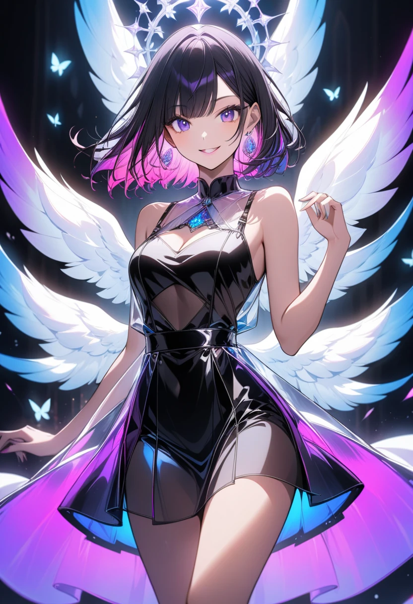 Holding a sword in his hand, Anime girl with stars on background, magical girl anime mahou shojo, nffsw, anime style like fate/Stay Night, macross delta splash art, visual novel cg, High quality anime art style, macross delta, shoujo romance, Anime Art Style, ; visual novel, anime moe art style, top-quality, Top image quality, ​masterpiece, girl with((18year old, Best Bust, Medium bust, Bust 85, Breasts wide open, Black Short Sleeve T-Shirt, White see-through, Black short skirt, grin, Fashionable bags, Beautiful blue earrings)), hiquality, Background with((Fashionable city, movie theatre)), masutepiece, Elaborate design, visualart, depth of fields, The best lighting, highestdetailed, The key is hanging from the chain, Super Idol　a beauty girl　A charming smile　sky blue hair　length hair　Twin-tailed　Glittery bright pink and white and blue and yellow leotards　facing front　7 colors of angel large wings on the back　Mystical　Fantasia　constellation　a moon　Crystal Brilliance　Aurora Borealis in the Night Sky