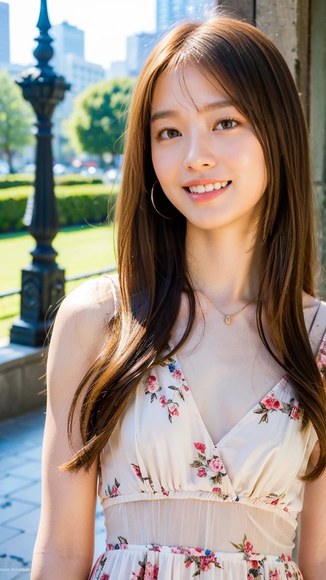 Realistic photo quality、Wearing a sheer red camisole、20Old Japanese woman, Beautiful Japanese girl face, Gold Jewelry、Young and cute gravure idol、looking at the camera、Face Light、in the forest、Shot with a 200mm lens、The background is a blurred yellow-green plant、Completely blur the background、looking at the camera、gentle expression、smile