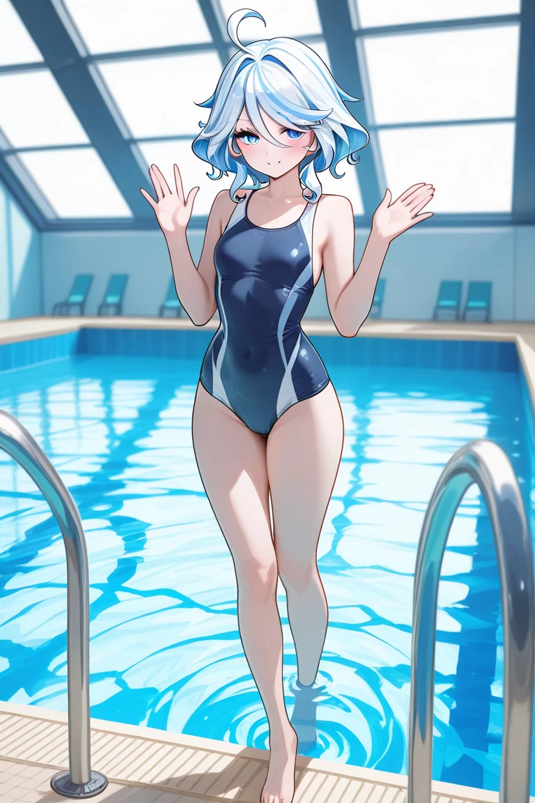 Shiitono,high resolution,high quality,High resolution,(Anime Style),Beautiful images,Clear images,(Cute Girls),(1 girl),(Petite figure,low length,Lori),whole body(from head to toe), Blue Hair, blue eyes, Long Hair, Hair between the eyes, bangs,( White old school swimsuit),Pool