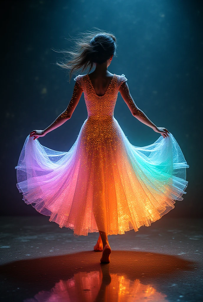 A cute woman is dancing in an airy, sheer, colorful, very mobile dress on a well lit stage. Lots of spinning. No underwear. On a well lit stage