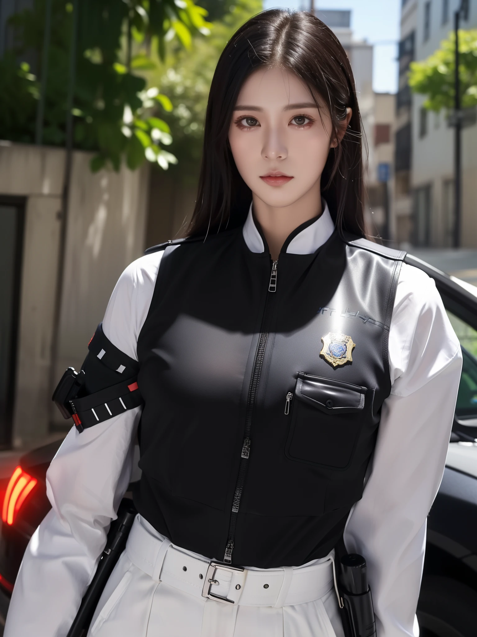 (RAW photo, 4k, masterpiece, high resolution, extremely complex) (realistic: 1.3), cinematic lighting Delicate girl with facial features, oversized, sexy body, protruding and upturned
1 female policeman blue police uniform uniform black wrapped short skirt, handsome action with batons, night scene, movie shot, white skin, panoramic police car next to it