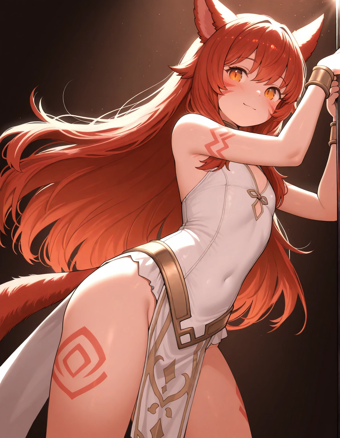 1girl, holo, animal ears, brown hair, long hair, red eyes, wolf ears, wolf girl, small breasts, nude, showing canine pussy,  spreading canine pussy, showing nipples,  wolf tail, spice and wolf, BREAK, standing, looking at viewer, (half-closed eyes), seductive smile, day