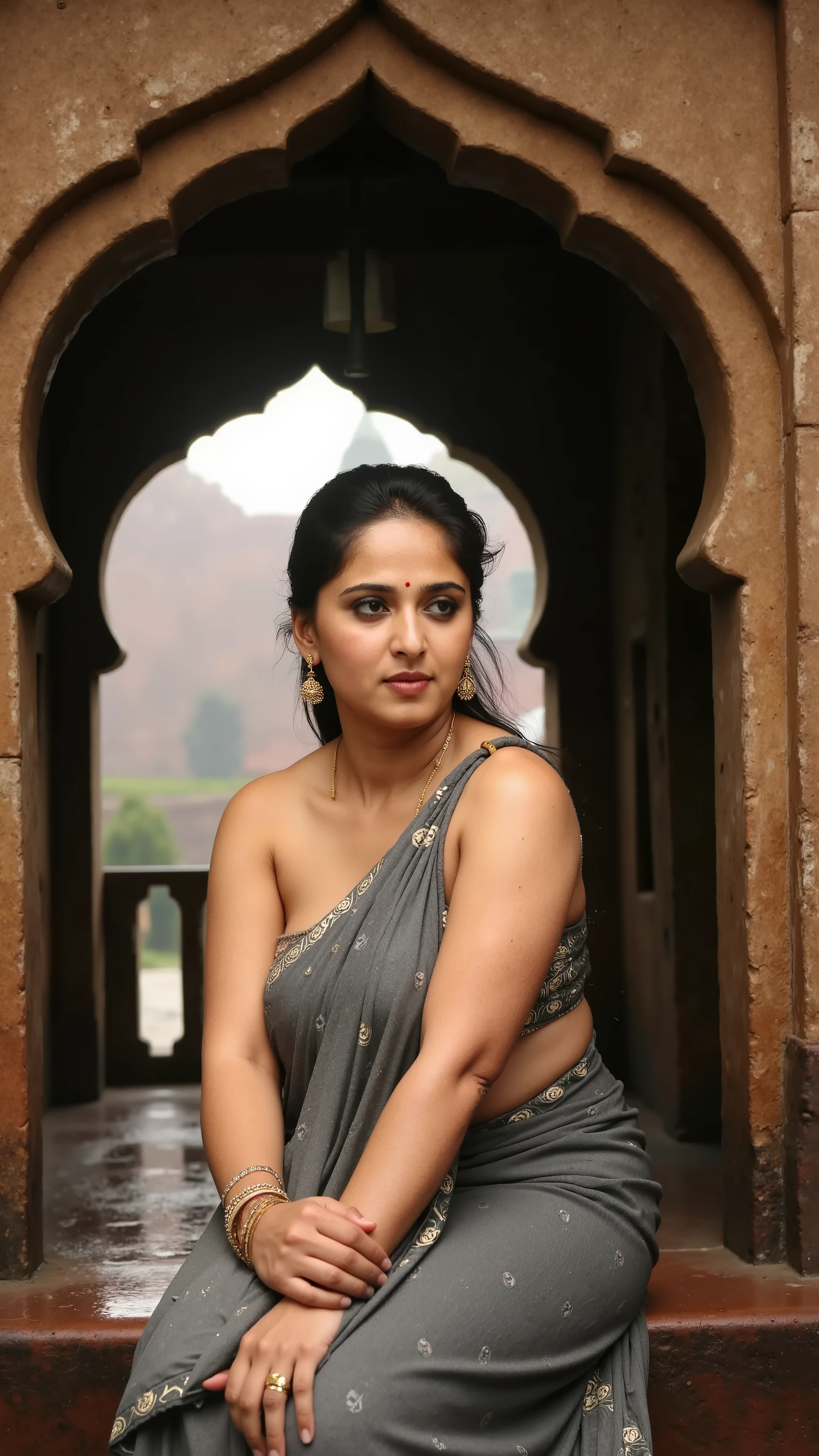 A melancholic yet beautiful portrait of a woman sitting under the archway of an old palace, her rain-drenched saree wrapped around her. A soft breeze carries the scent of wet earth as she watches the raindrops dance on the stone floor. Her bare shoulders glisten under the warm lantern light, casting long shadows across the weathered walls. The echoes of distant temple bells add a timeless aura to the moment.