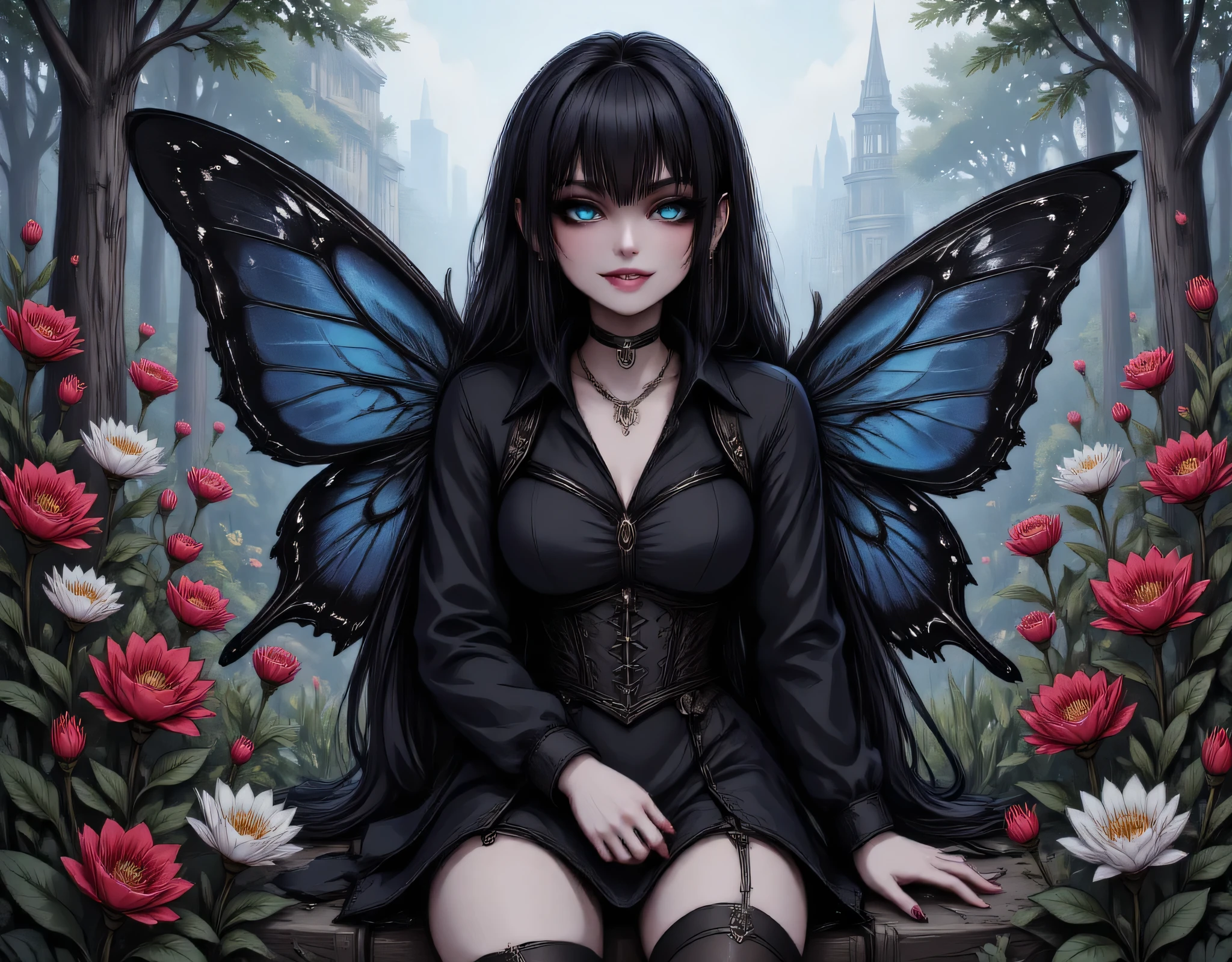 a picture of a dark female fairy resting in a flower meadow, extremely beautiful fairy, ultra feminine (intense details, Masterpiece, best quality), best detailed face (intense details, Masterpiece, best quality), having wide butterfly wings, spread butterfly wings (intense details, Masterpiece, best quality), dark colors wings (intense details, Masterpiece, best quality), black hair, long hair, shinning hair, flowing hair, shy smile, innocent smile, blue eyes, dark red lips, wearing dark dress latex corset (intense details, Masterpiece, best quality), dynamic elegant shirt, chocker, wearing high heels, in dark colored flower meadow (intense details, Masterpiece, best quality), (red flowers: 1.2) , (white flowers: 1.2), (blue flowers: 1.3) [extreme many flowers] (intense details, Masterpiece, best quality), dark colorful flowers (intense details, Masterpiece, best quality), flower meadow in a dark goth field background high details, best quality, 16k, RAW, masterpiece, best quality, (extremely detailed), full body, ultra wide shot, photorealistic, dark fantasy art, goth art, RPG art, D&D art, dim light, cinematic light, High Detail, Ultra High Quality, High Resolution, 16K Resolution, Ultra HD Pictures, 3D rendering Ultra Realistic, Clear Details, Realistic Detail, Ultra High Definition, aidmaDarkGothicAnime, hyp3rd3tail style, invert color, 