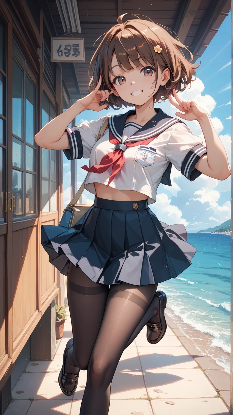ung_teee girls、Loli、brhair、medium_bob_hair、blue_midriff_baring_sailor_uniform、mini_skirt、short_sleeve、thickthighs、big_tits,closed_eyes, Sorrisos、open_mouth、dynamic_pose,standing a,harbor_background、spread_legs、happiness、NSFW、short_gloves, wet,transparent,covered_nipples, covered_crotch, under_tits, sweat, bare_thighs, (groin:1.5), tan,