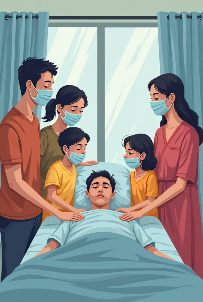 Boy age of 18 year old, sleep on hospital bed, Muslim women, seat on chair side of bed, tow boys, stand up bed 