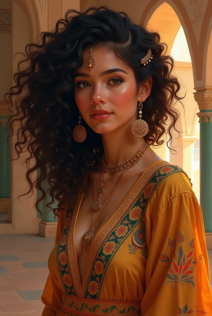 [(portrait), (Egyptian), (lady), (curly hair), (jewelry), (detailed and beautiful eyes), (delicate features), (dynamic pose), (colorful attire), (bright light), (shadows), (vintage), (painting effect):1.0]