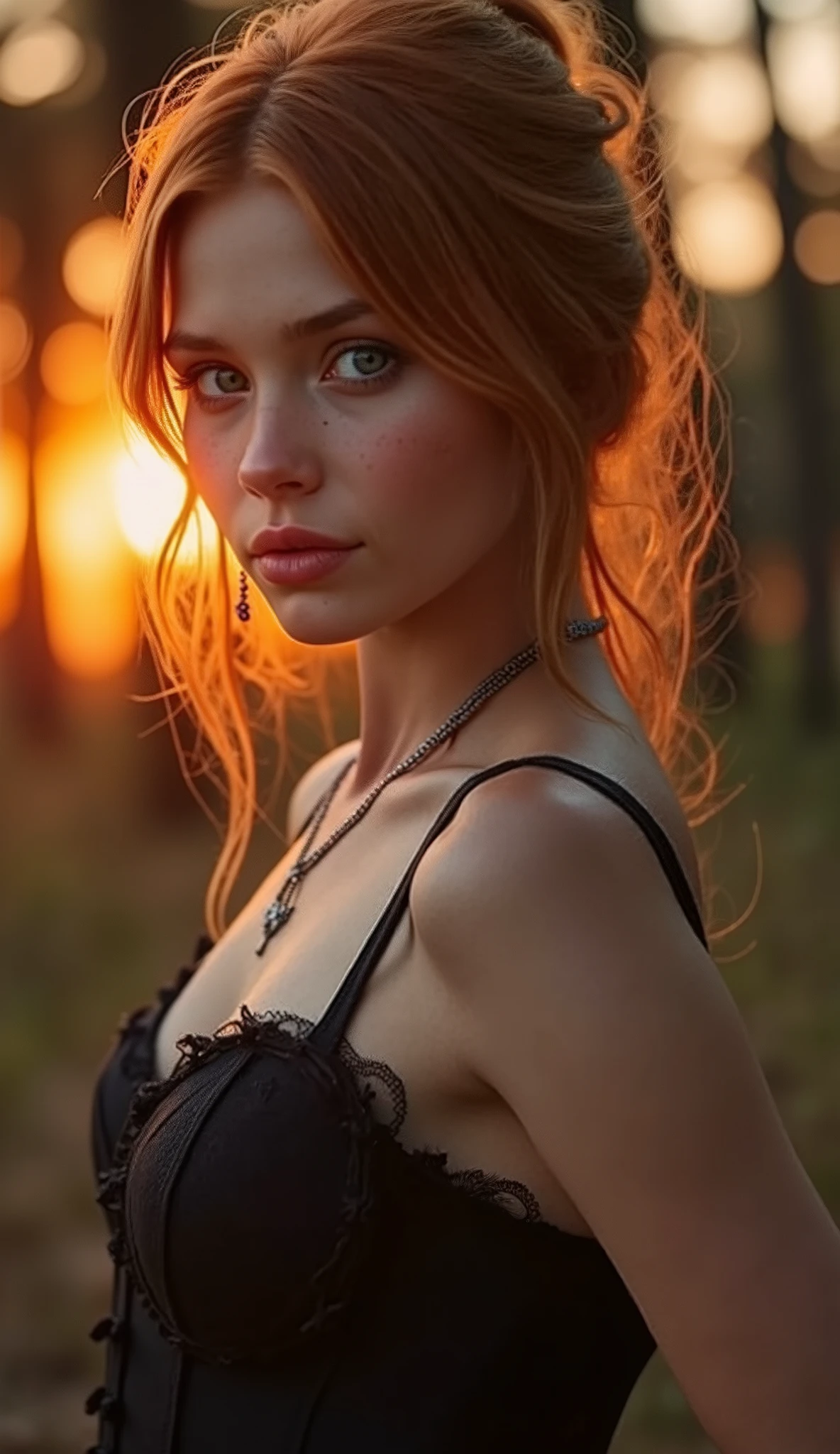 (8k, RAW photo, highest quality) depth of field, bokeh, 8K, HDR, cinematic rendering, a portrait of a 36-year-old redhead, framing from the navel, some small freckles, dressed in a ragged nightie, straps dropped, peeled off, leaning against a tree in the wilderness, goosebumps, cinematic, faded colors, dark shot, muted colors, grainy film, lut, crazy details, intricate details, hyperdetailed, sunset, shyness, seduction, romanticism, looks at the camera lens lovingly, one hand in your hair