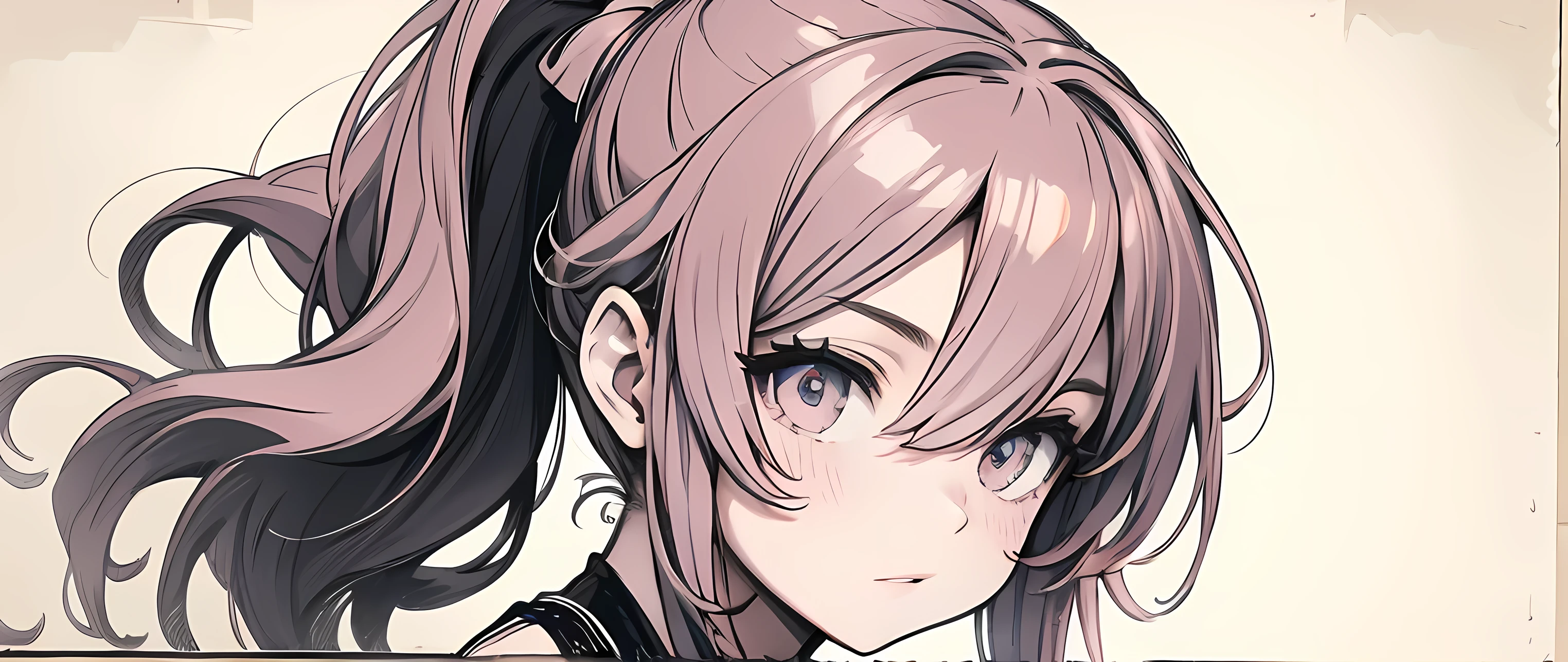 sketch, black and white, vintage style, vintage, monochrome, distressed paper texture, side composition, 1 girl, extremely detailed face and eyes, long wavy messy pink hair in a ponytail, very tight sleeveless halter shirt,(medium sized breasts:1.0),