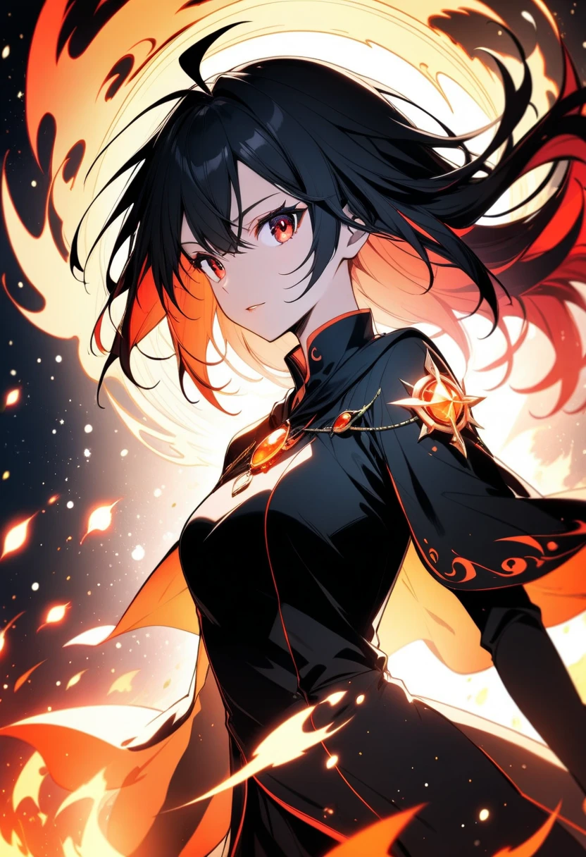 1 chica, pelo negro, ojos rojos, Bruja de Fuego, Sangre, light particles, rayos de luz, fondo de pantalla, Alto contraste, vistoso