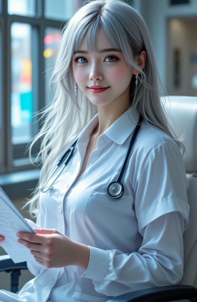 ((highest resolution, top quality, accurate , accurate body)), Long hair , silver hair, silver eyes, clean skin, pale skin, lovely , nurse, 분홍색 nurse 의상, University hospital, She came to treat bedridden viewers, In her hand, she holds a medical chart and a medicine bag, Father sitting in a chair with bright room lights , A cozy impression, Beautiful smile, She's kind, full body photo, It is in a position where viewers can clearly see her  and female , clean 