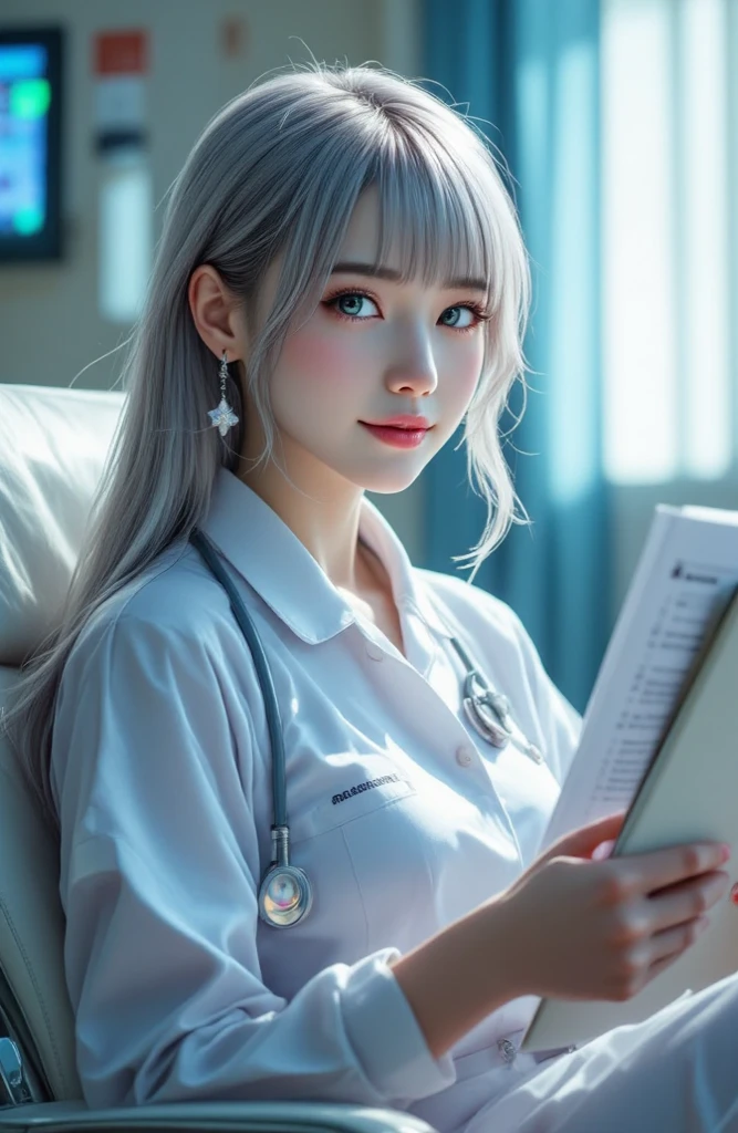 ((highest resolution, top quality, accurate , accurate body)), Long hair , silver hair, silver eyes, clean skin, pale skin, lovely , nurse, 분홍색 nurse 의상, University hospital, She came to treat bedridden viewers, In her hand, she holds a medical chart and a medicine bag, Father sitting in a chair with bright room lights , A cozy impression, Beautiful smile, She's kind, full body photo, It is in a position where viewers can clearly see her  and female , clean 
