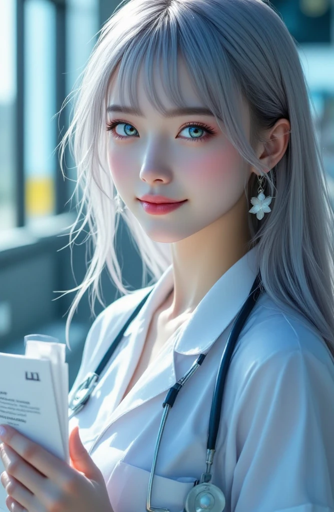 ((highest resolution, top quality, accurate , accurate body)), Long hair , silver hair, silver eyes, clean skin, pale skin, lovely , nurse, 분홍색 nurse 의상, University hospital, She came to treat bedridden viewers, In her hand, she holds a medical chart and a medicine bag, Father sitting in a chair with bright room lights , A cozy impression, Beautiful smile, She's kind, full body photo, It is in a position where viewers can clearly see her  and female , clean 
