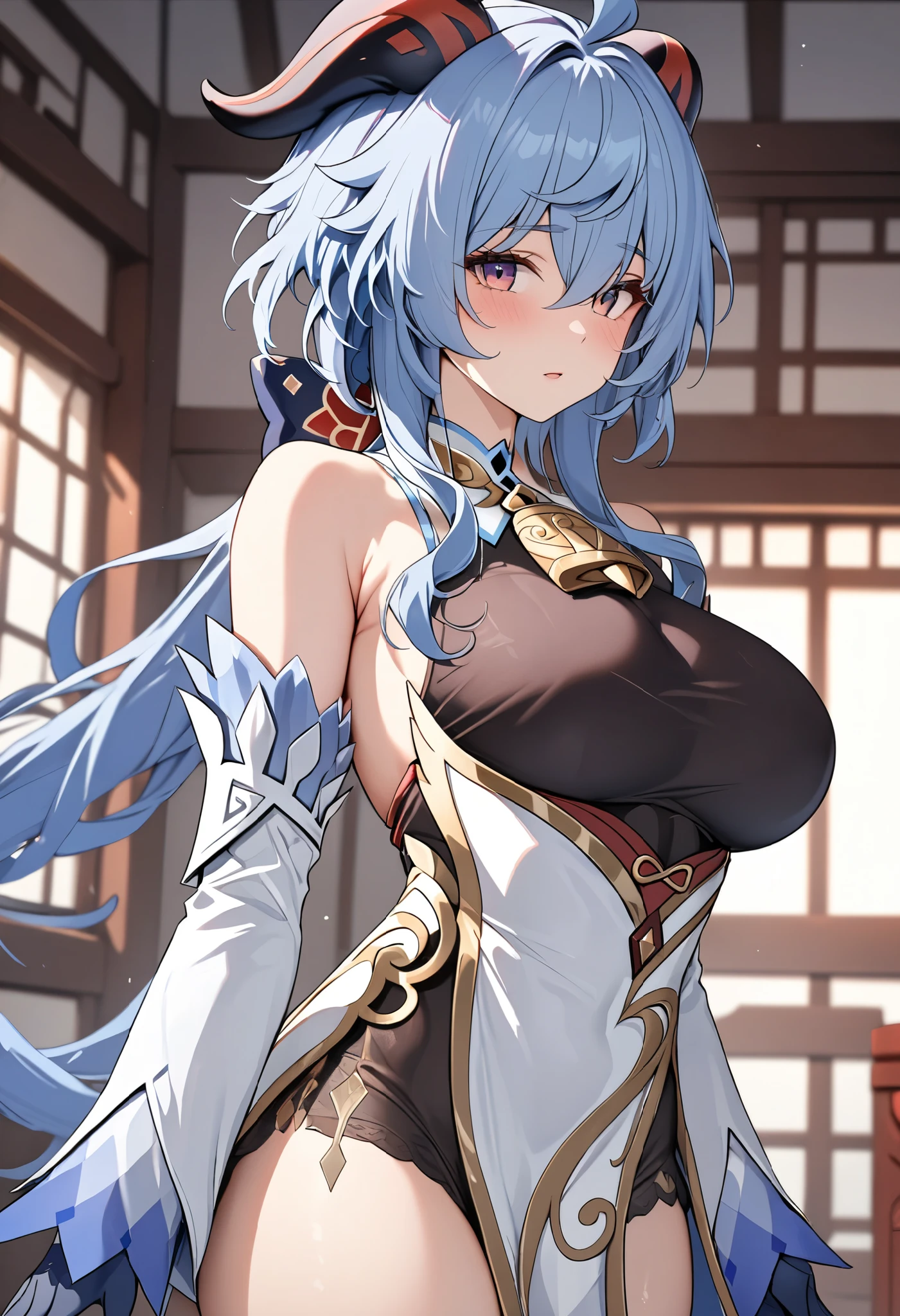 1girl,super huge breasts, pink hair,golden eyes,staring coldly,long hair, body curves, (best quality,4k,highres,masterpiece:1.2),ultra-detailed, dramatic lighting,vibrant colors,cinematic, shenhe (genshin impact) outfit, sweaty armpits, bright skin