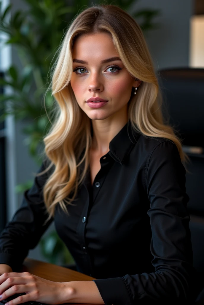 (high quality, masterpiece, ultra high res:1.3), <lora:add_detail:0.6>,
<lora:l3ra_v1:0.8>, secretary l3ra, 1girl, solo,portrait, in office,office background, formal attire, looking at viewer, blonde hair, (wearing conservative blouse:1.1), indoors, lips,earrings,wearing tie,nail polish, hand on hip