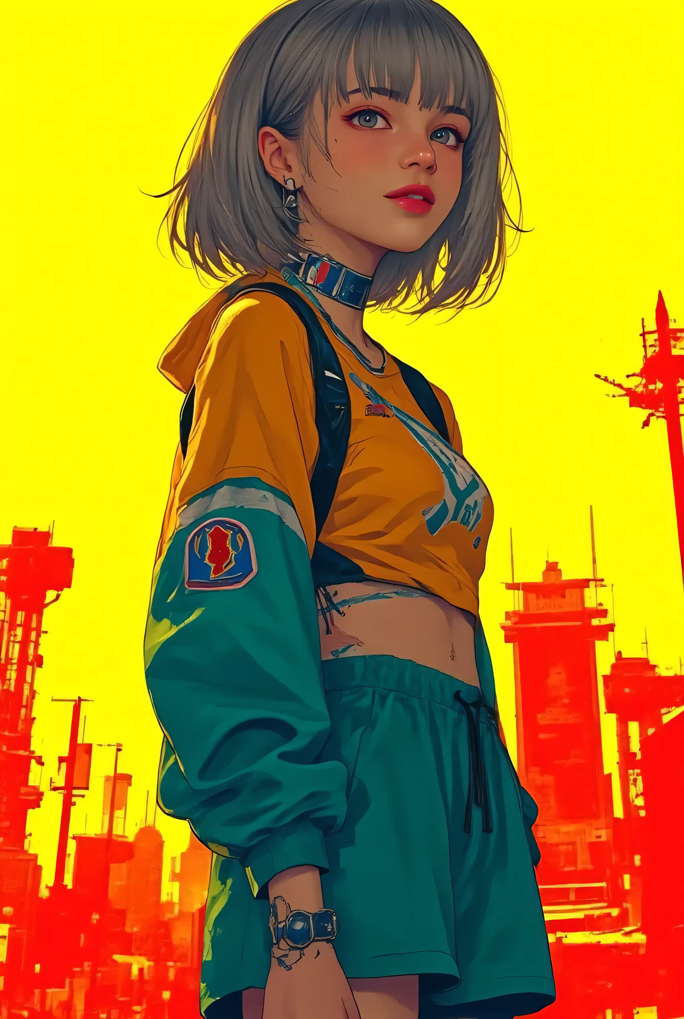 face looking back、smile、Kenyan girl with very dark skin、(age:1.1), Gray Hair( Detailed Hair Quality :1.2), (accessory:1.1), Blue eye(eye:1.3), ( active pose :1.2), (Body Type:1.1), short cheerleader-style skirt(Detailed Clothes:1.2) 、Full body Sbien、profile 、placed in the center of the screen。short hair、The background is a single color、明るい影とcolor合い、(detailed background:1.1)、 アニメstyle、(Detailed view:1.3), Digital Art 、(Expression of light and shadow:1.3), (color:1.2), Delicate Description 、(style:1.2), character design、(composition:1.2)。Suzu Hirose、Suzu Hirose、cute