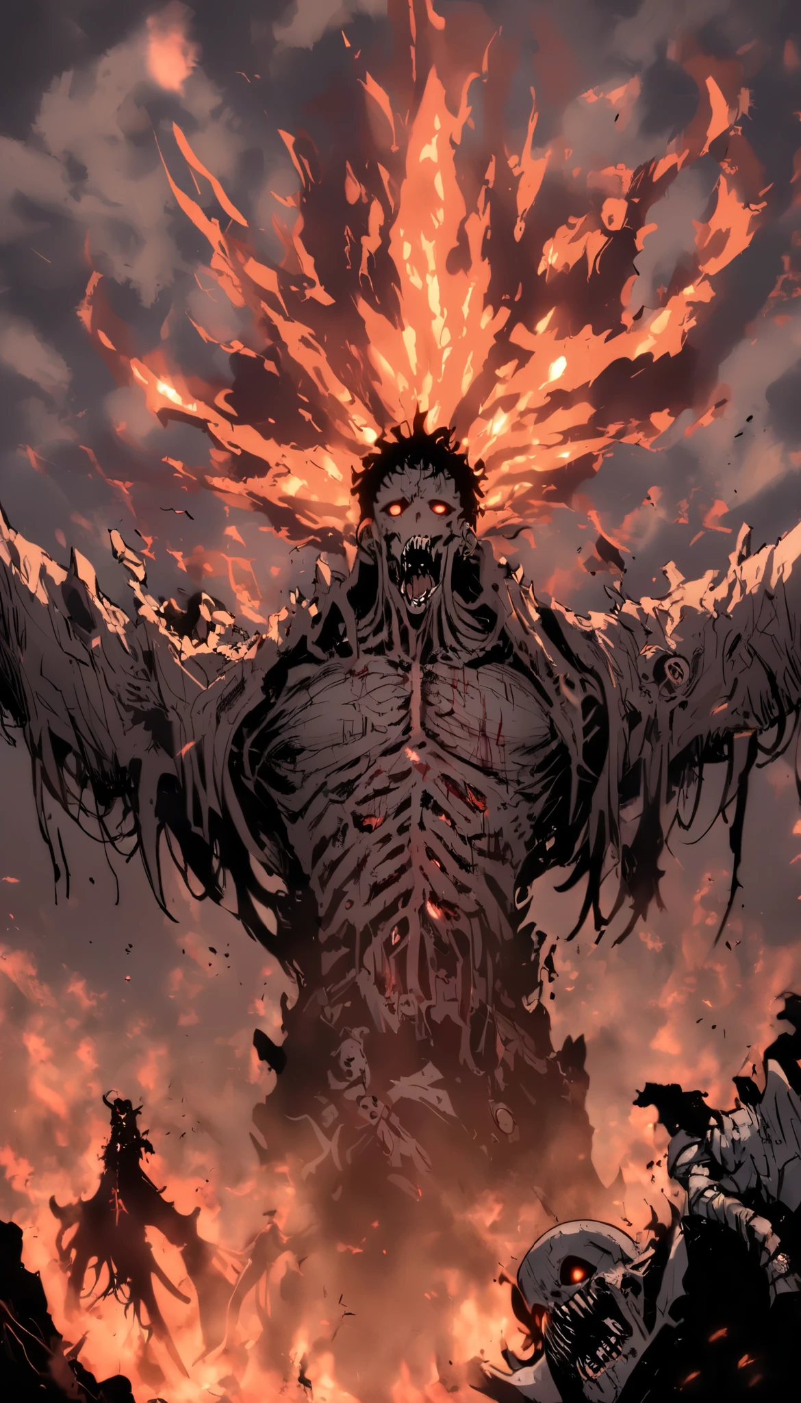 Eldritch abomination, hollow cheek, Malformed teeth, ribcage, blood, gore, male, black hair, barely human, disformed body, multiples arms and finger, multiples eyes, hollow eyes, Sick body, orange black flame, upperbody, broken bones striking out, Skin torn off, piles of s , upperbody, hollow , the one reborn from bloodborne